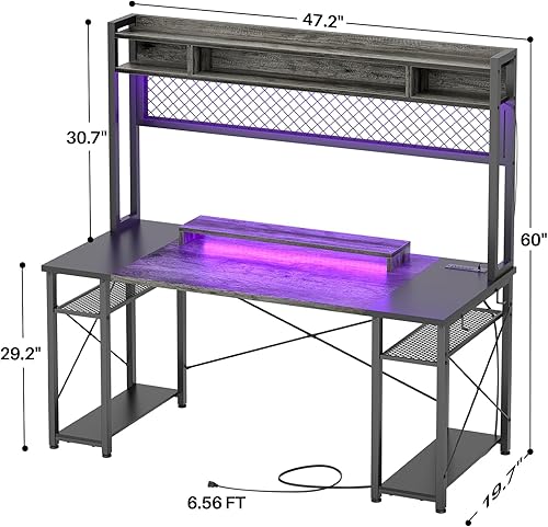 Miniatura 3 de iSunirm Escritorio para juegos 48 con gabinete, escritorio grande para computadora con LED y estación de carga, escritorio de oficina en casa con
