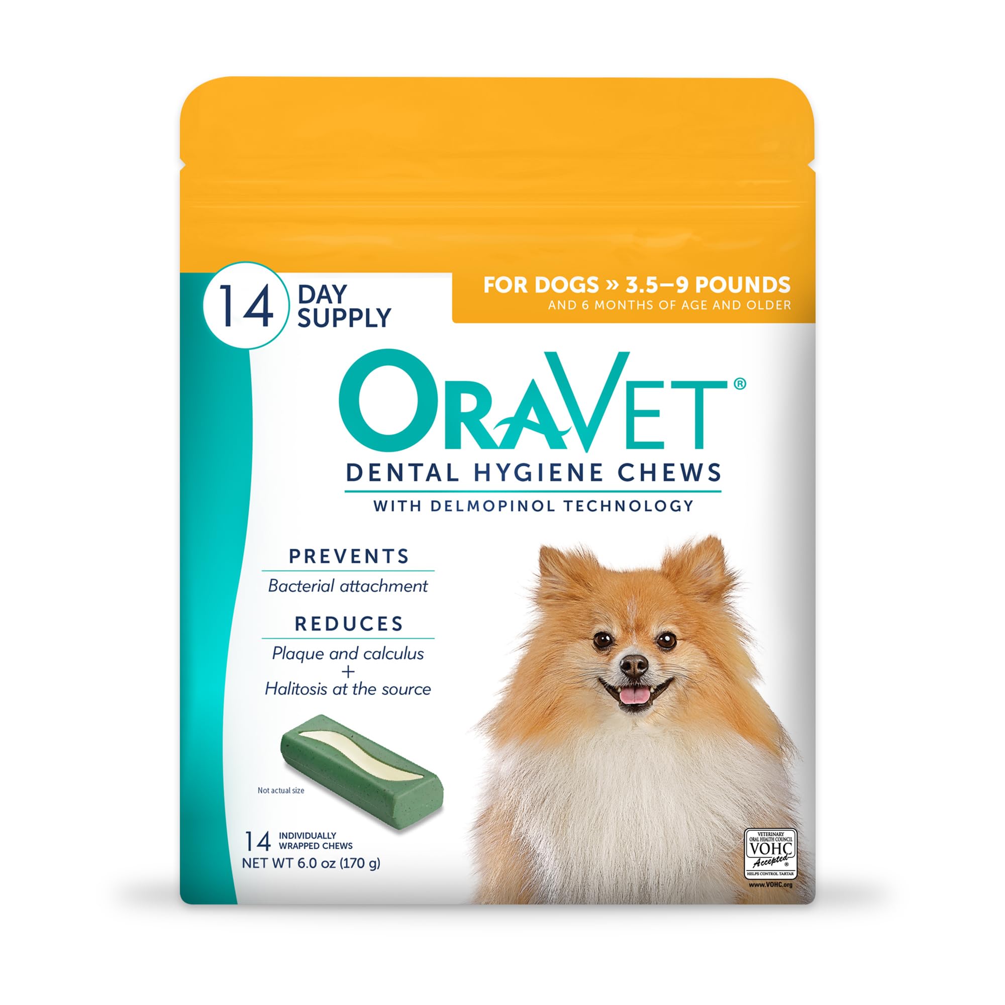ORAVET Dental Chews for Dogs, Oral Care and Hygiene Chews (Extra Small Dogs, 3.5-9 lbs.) Yellow Pouch, 14 Count