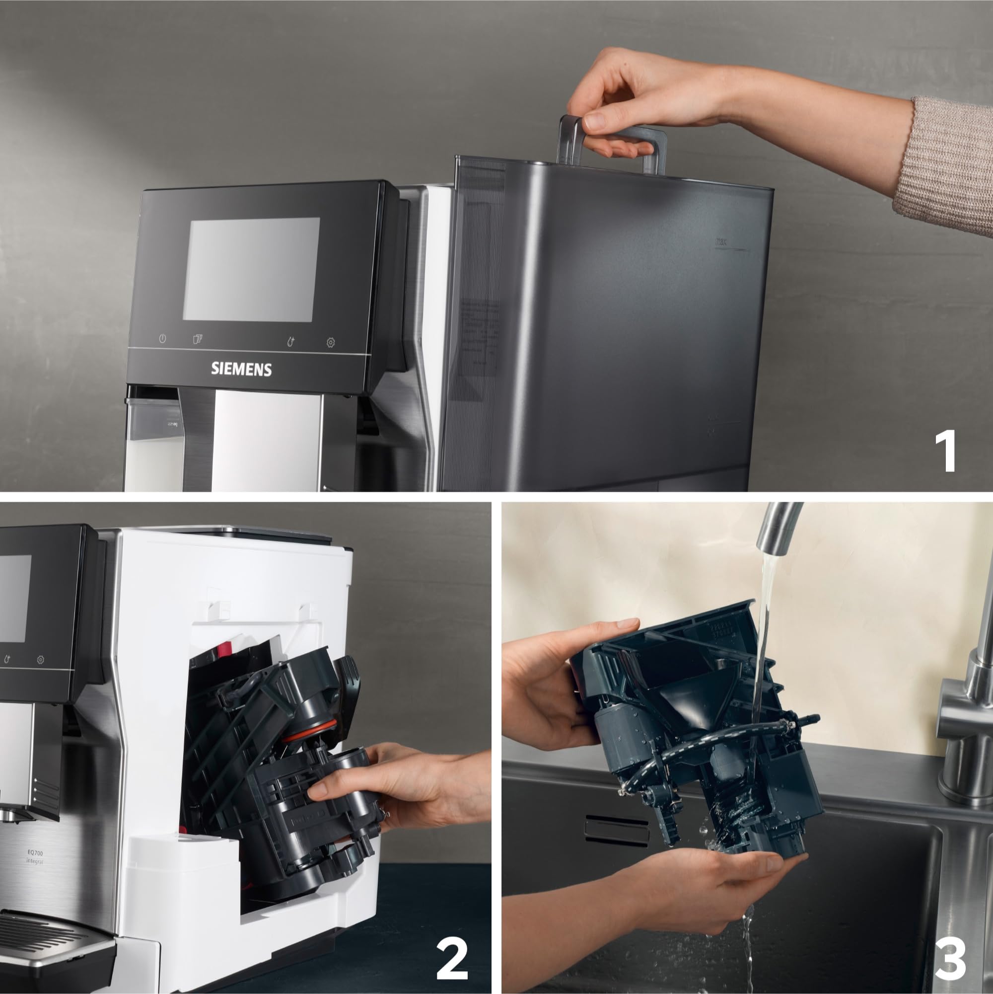 SIEMENS, machine à café à grain automatique, EQ700, écran iSelect, coffeeWorld, Cold Brew, Slow Brew, bac à lait, adaptateur briques de lait, Home Connect, acier inoxydable, blanc, TQ715R03 integral