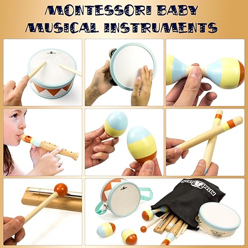 Miniatura 5 de MINIARTIS Instrumentos musicales para niños pequeños  Juguetes musicales de madera Montessori para niños pequeños de 1 a 3 años  Juego de batería