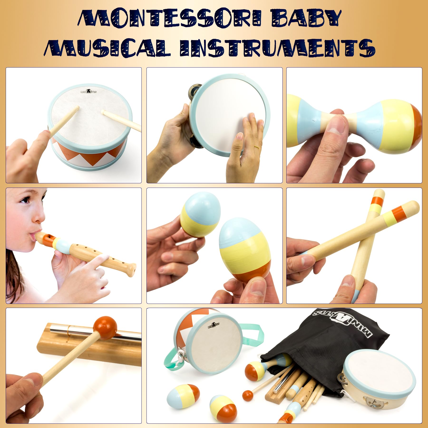Instrumentos musicales para niños pequeños – Juguetes musicales de madera Montessori para niños pequeños de 1 a 3 años | Juego de batería para bebé bohemio moderno con instrumentos de 5