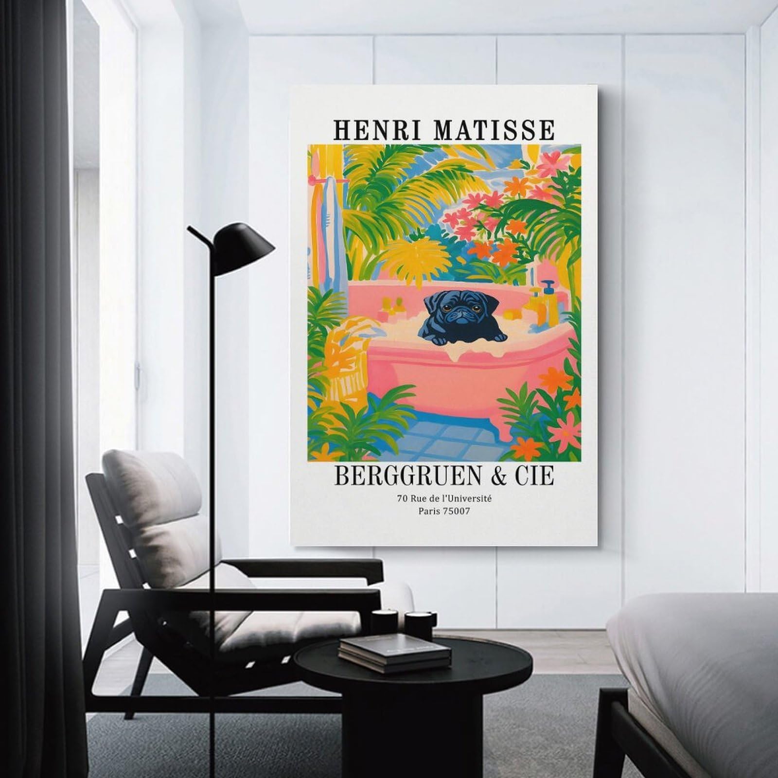 Junmoney Henri Matisse Pug in Bathtub Art Wall Art Print, 20x30inch(50x75cm), for Study, Office Or Focused Interiors, Home Office Artwork with Decorative Appeal