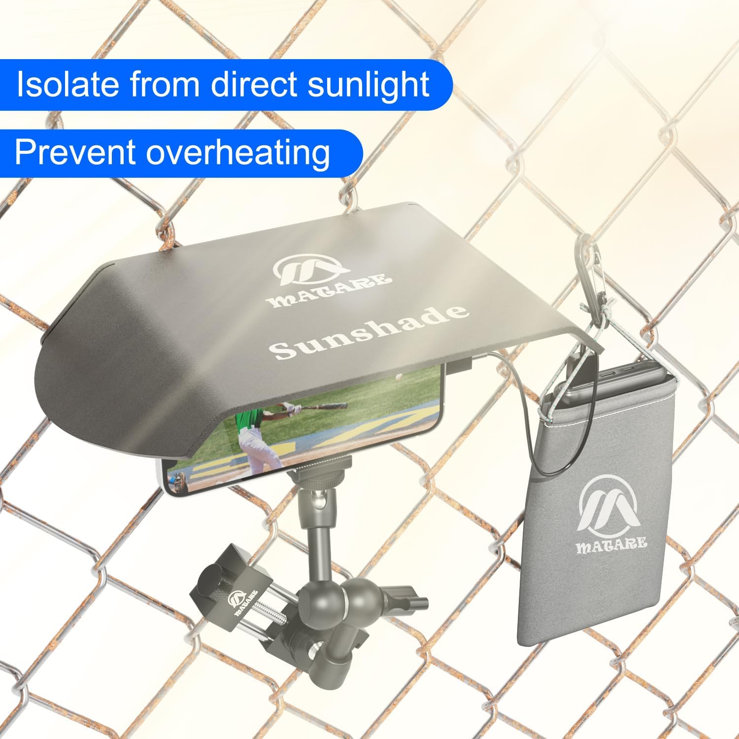 Cell Phone Fence Mount with Shade for iPhone, Mevo Start, Phones, GoPro and Other Action Cameras, Mounting Kit for Recording Baseball,Softball and Tennis Games(M8)