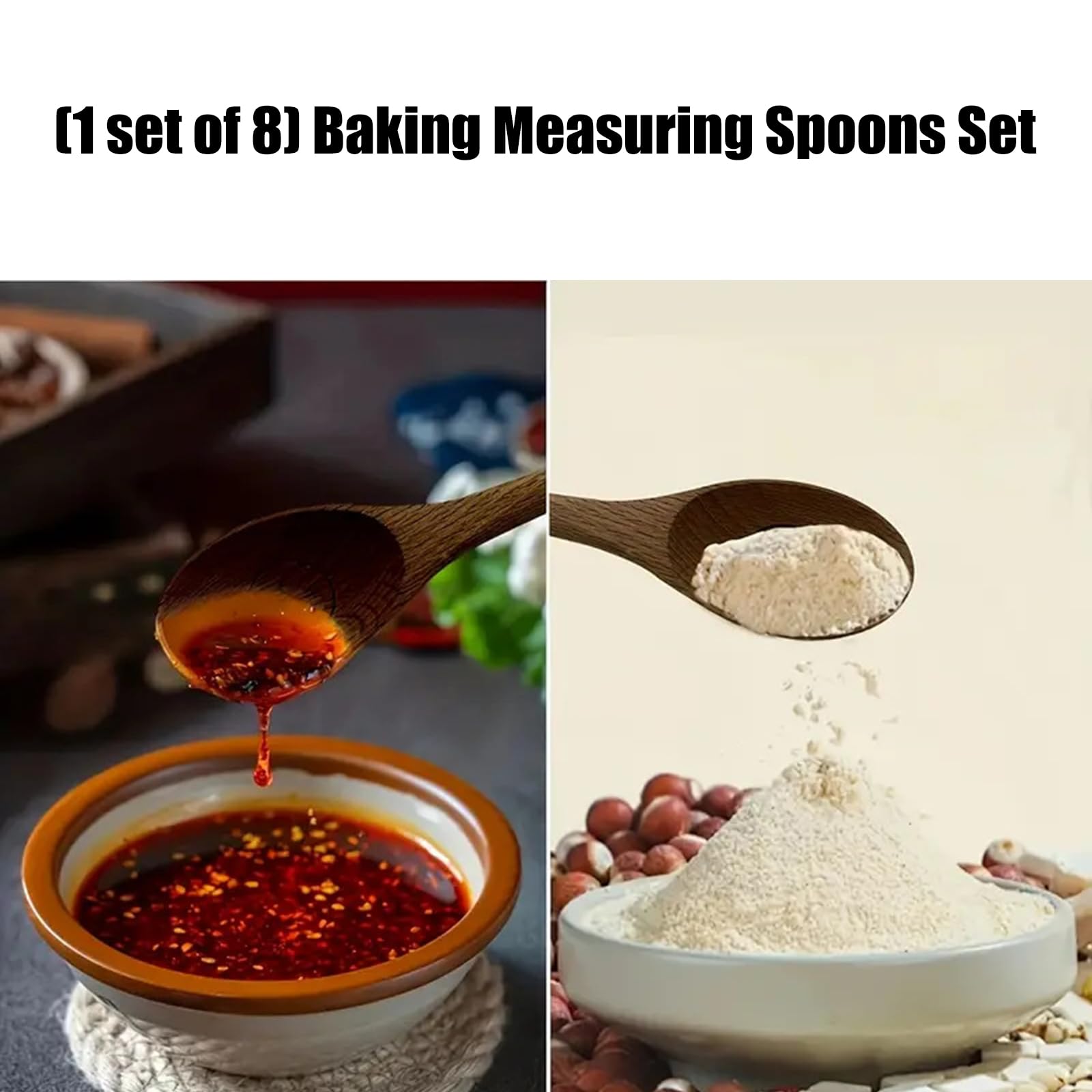 Juego de 8 cucharas medidoras de madera, herramienta de medición para cocina y horneado, acabado liso, juego de utensilios de medición de madera natural