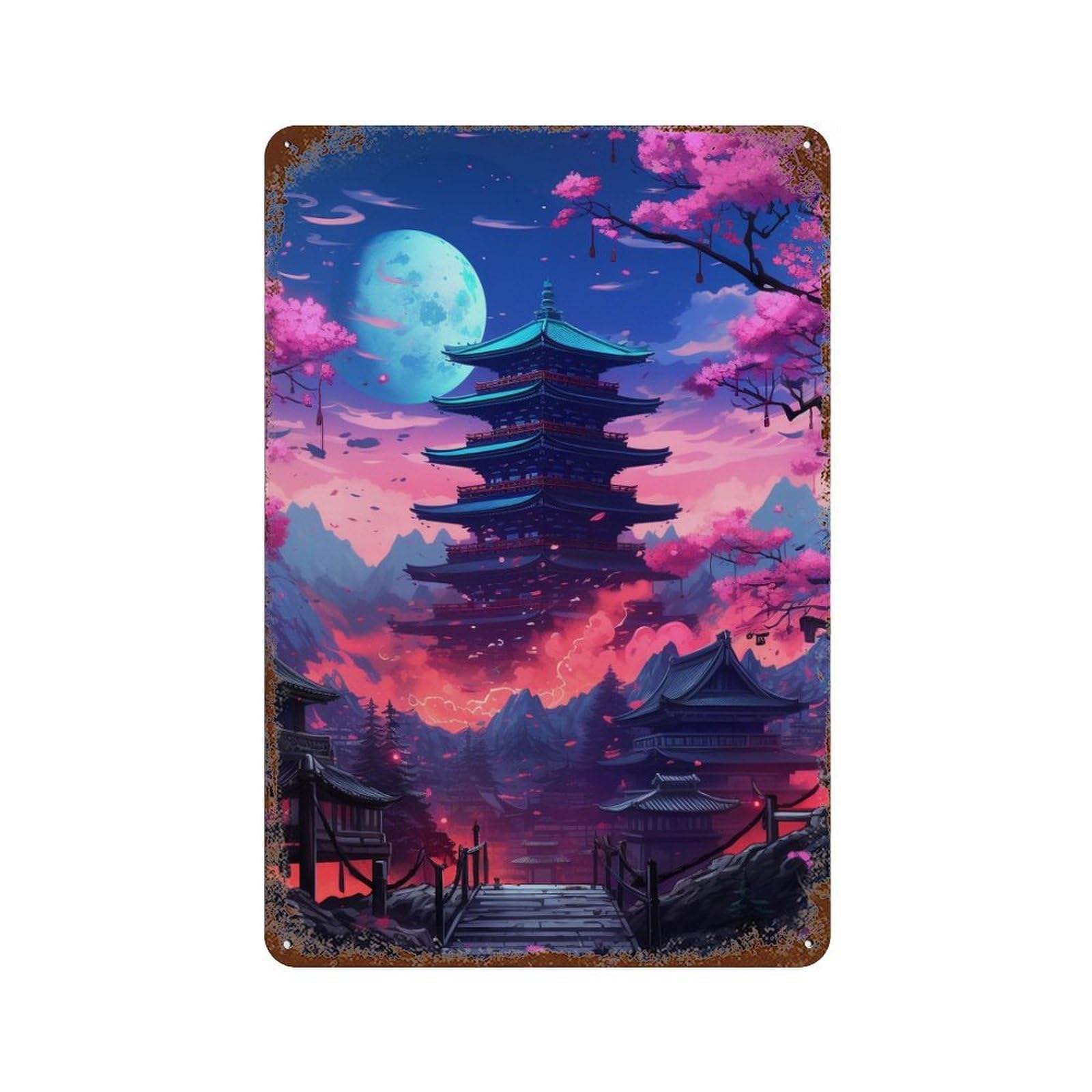 Cherry Blossom Moonlit Pagoda -7 Rust Effect Tin Sign 11.8"x7.9", Decorative Metal Wall Art for Living Room, Hallway And Home Decor