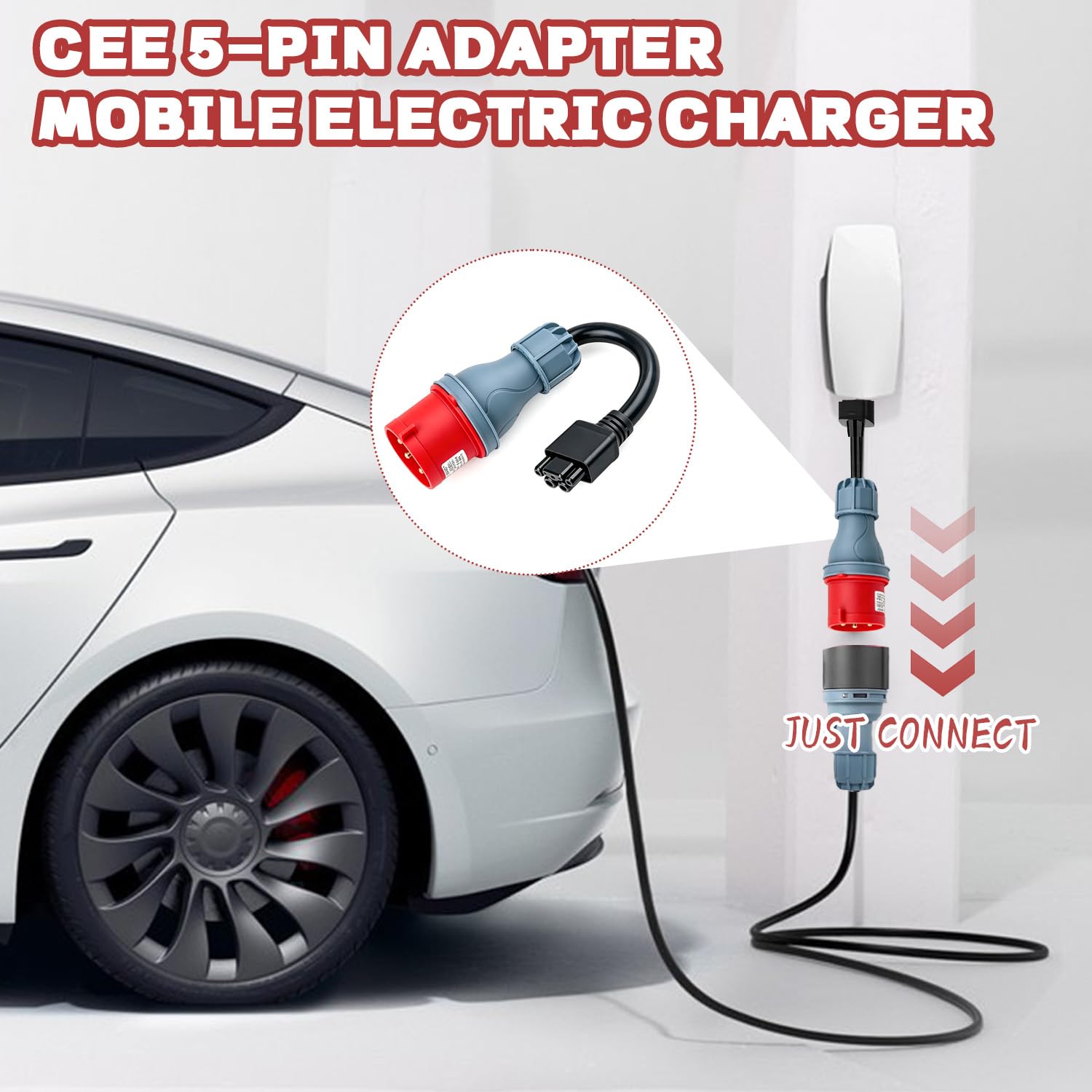 CEE Adapter auf Tesla Adapter 5 Pin 16A, 0,3 m Verlängerungskabel für Mobile Wallbox & EV Ladegerät, IP55, hochreines Kupfer, flammhemmend, tragbarer Ladeadapter für Außeneinsatz