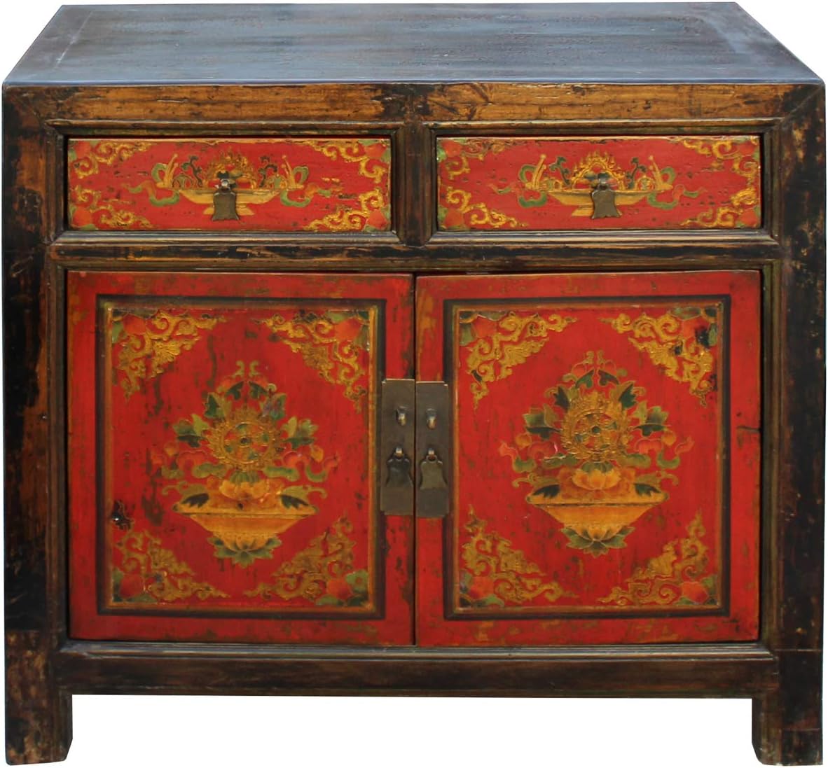 Chinese Distressed Red Tibetan Treasure Graphic Console Table Cabinet Acs4570