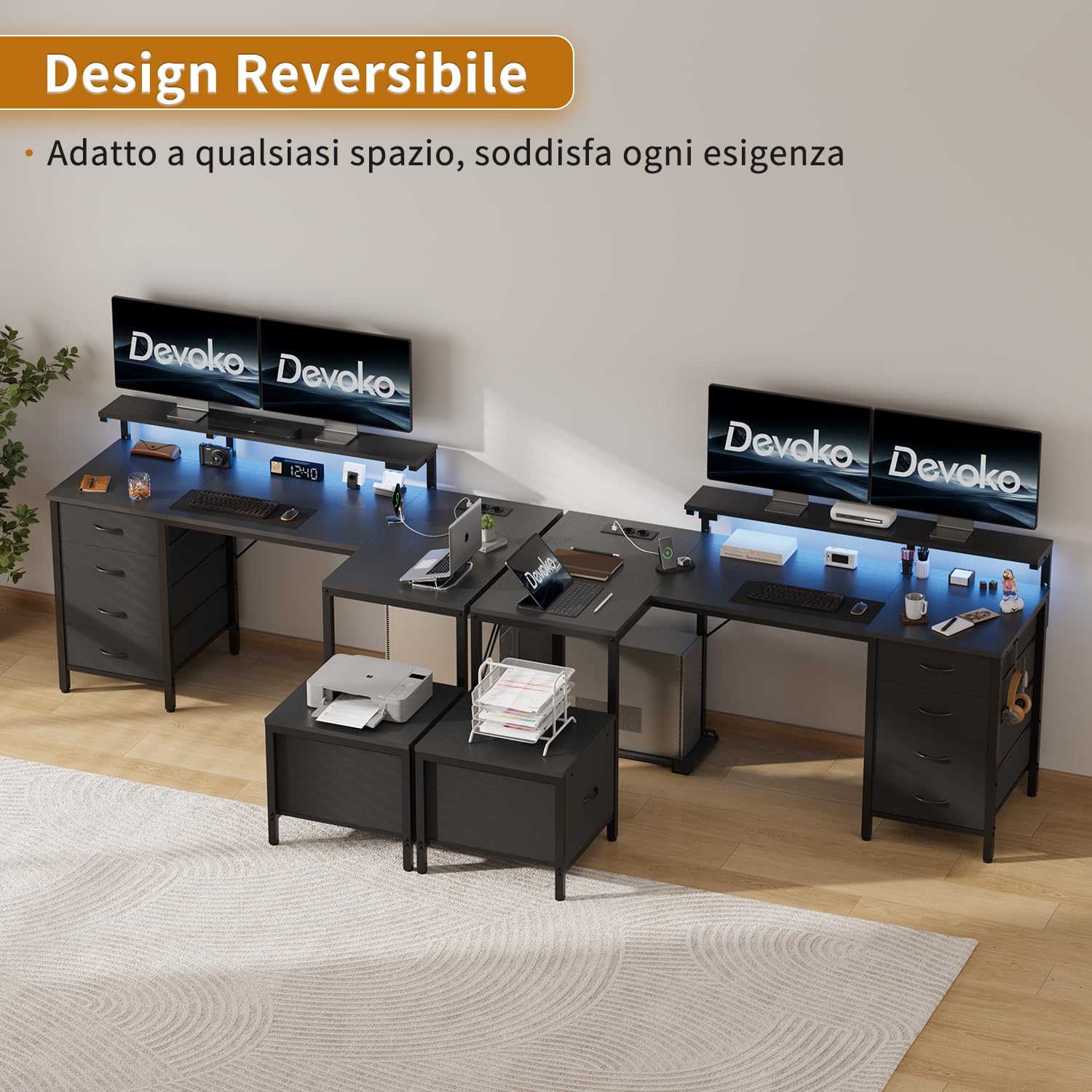 Devoko Scrivania Gaming Angolare 139x120 cm LED/Prese Nero | Tavolo gaming con 3 cassetti in tessuto e supporto monitor, Ideale per casa e ufficio