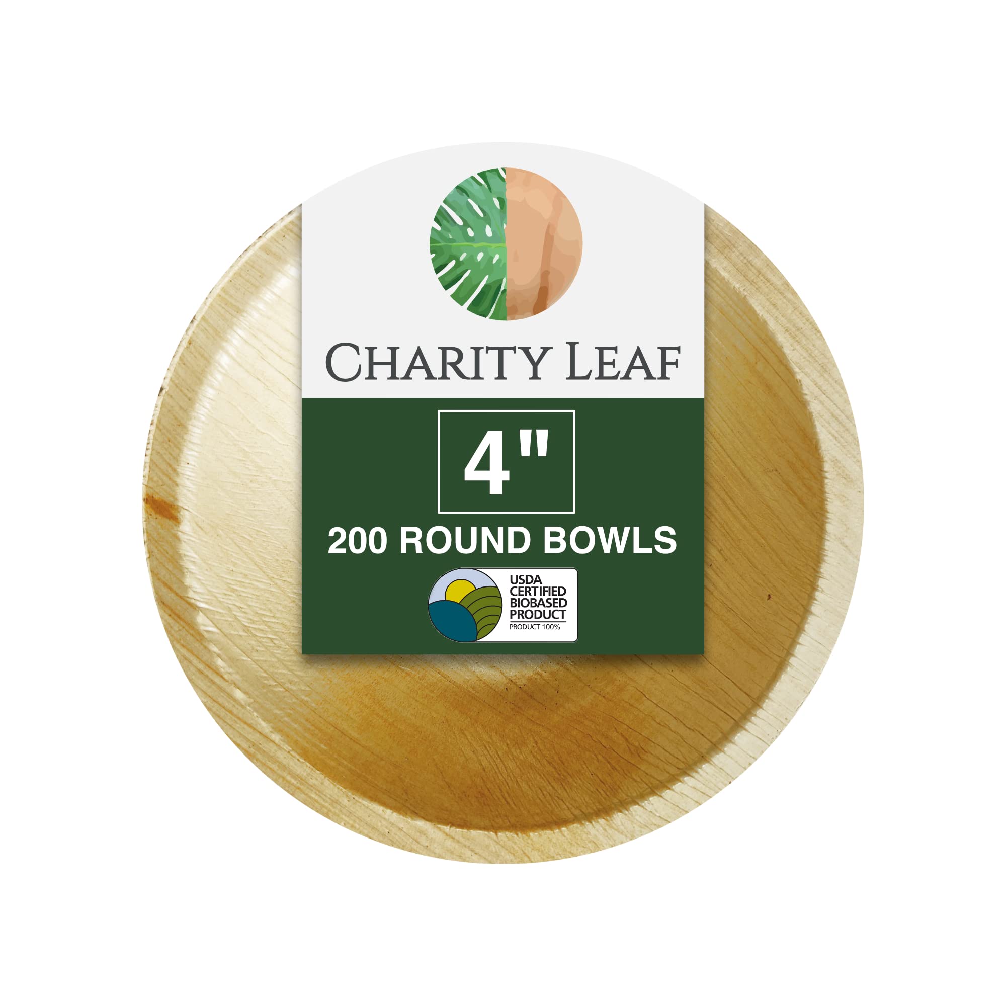 Charity Leaf Disposable Palm Leaf 4" Round Bowl (200 pcs) Dipping Bowls | Bamboo Like| All Natural and Biodegradable | Charcuterie Boards, BBQs, and