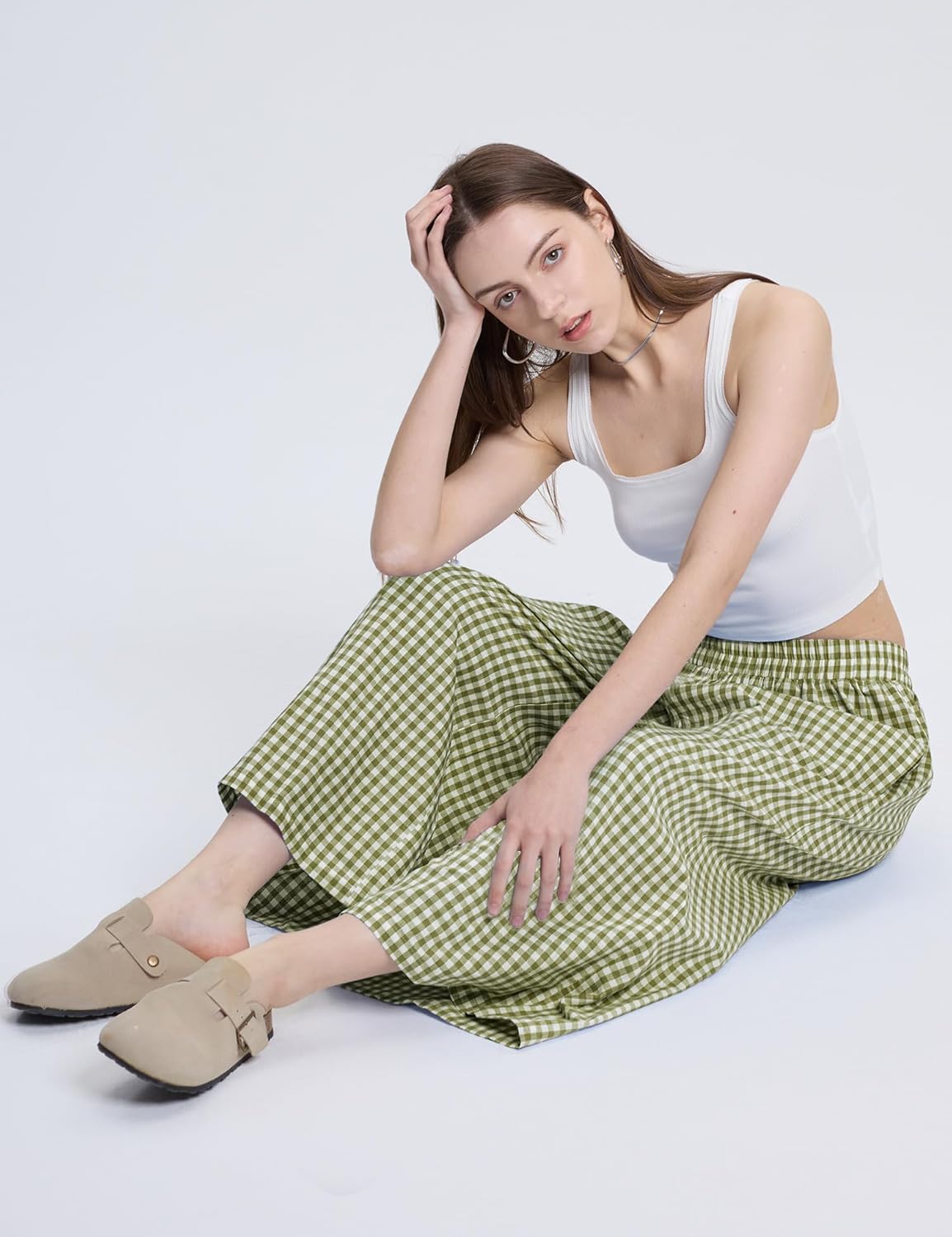 LOMON Womens Wide Leg Capri Pants Cotton Gingham Plaid Culottes Summer Elastic Waist Palazzo Trousers Bottoms with Pockets - Image 4