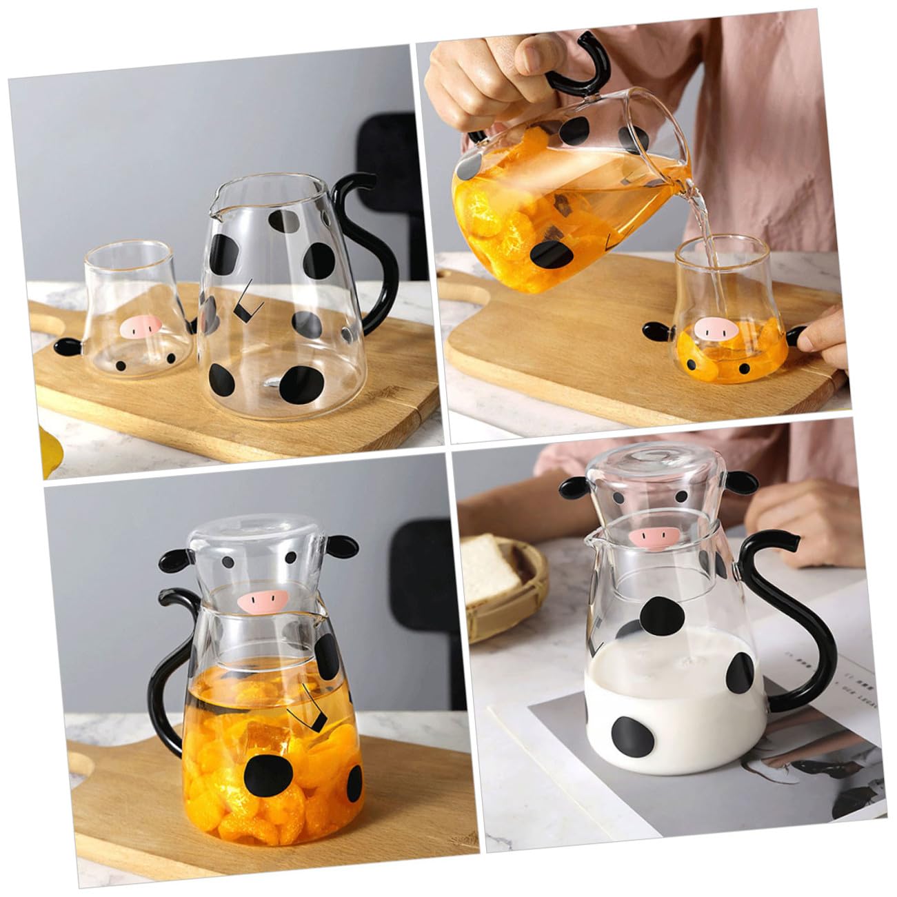 Kreative Cartoon Kuh Glaskaraffe Hitzebeständig Klarer Glas Wasserkrug mit Becher Set Multifunktionaler Kaltes Wasser Spender für Tee Milch Saft und Getränke