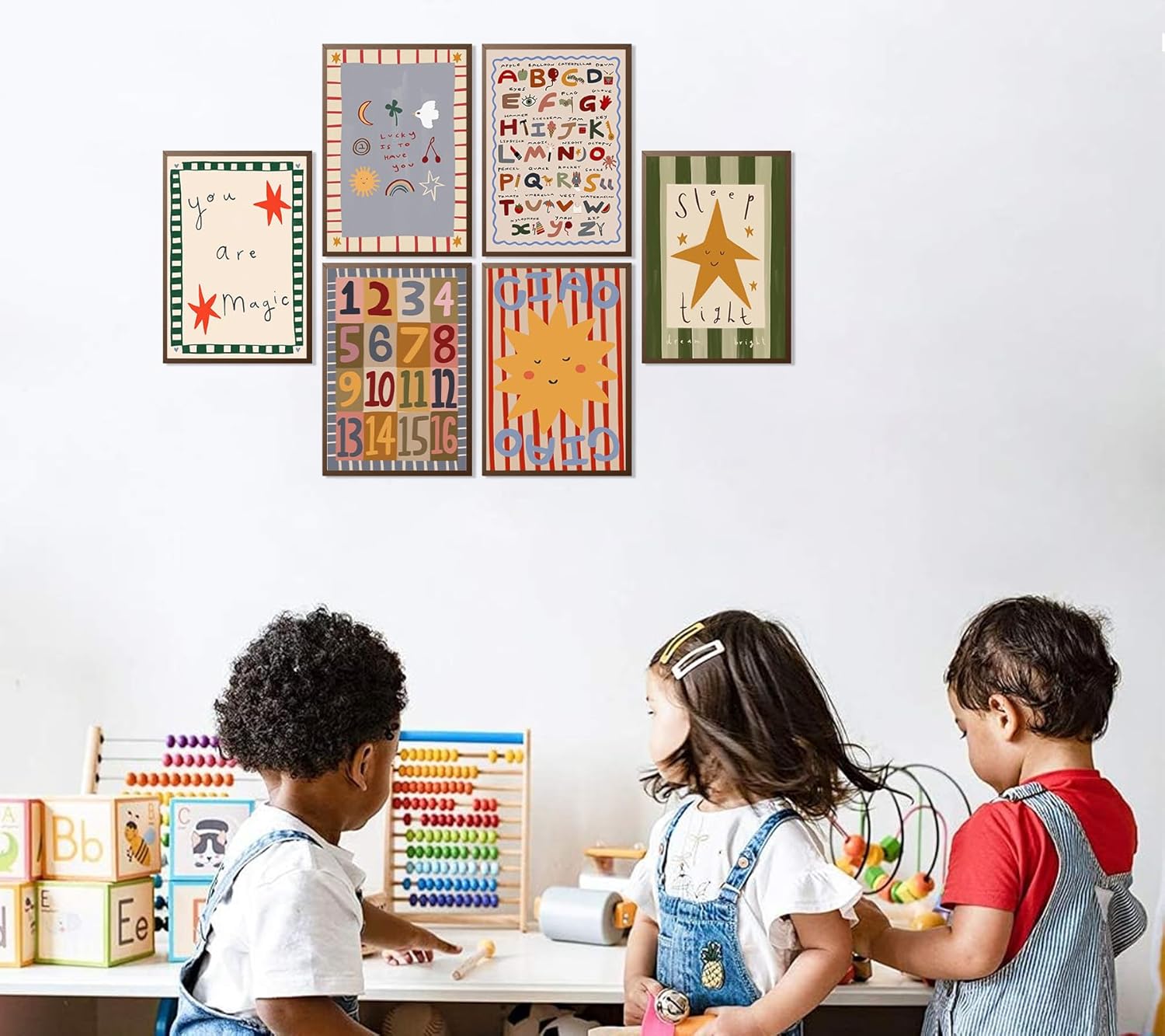 6Pcs Colorful Kids Room Wall Art Digital Letter Educational Wall Decor Prints Boho Colorful Stripes Paintings Artwork Star Sun Pictures for Nursery School Home Decoration 12x16in No frame
