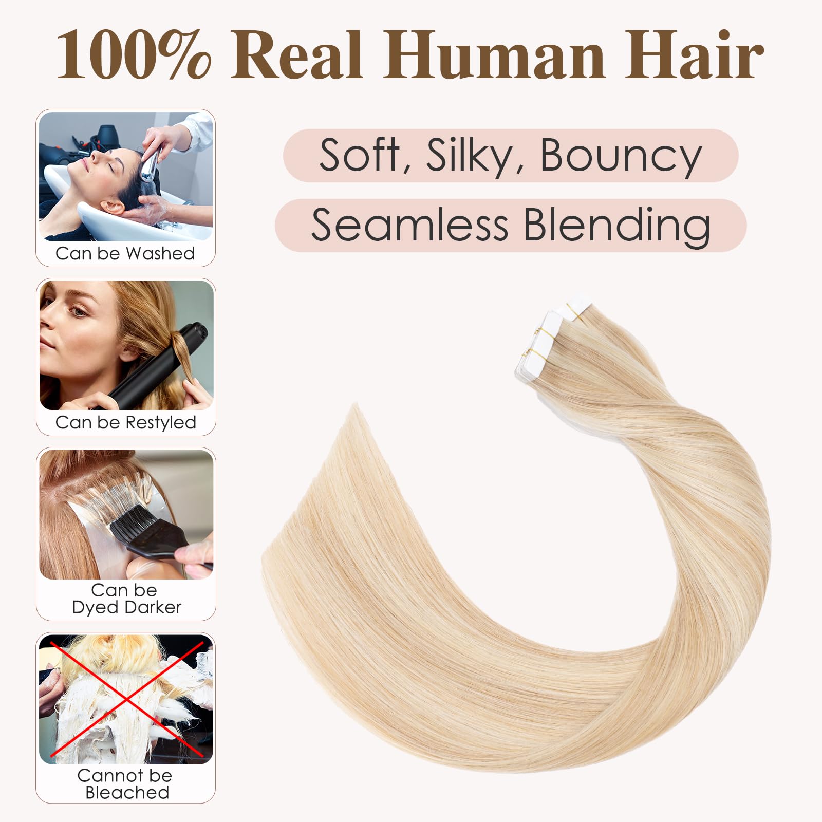TESS Tape in Hair Extensions Human Hair 10 PCS #18P613 Ash Blonde & Bleach Blonde - Image 4