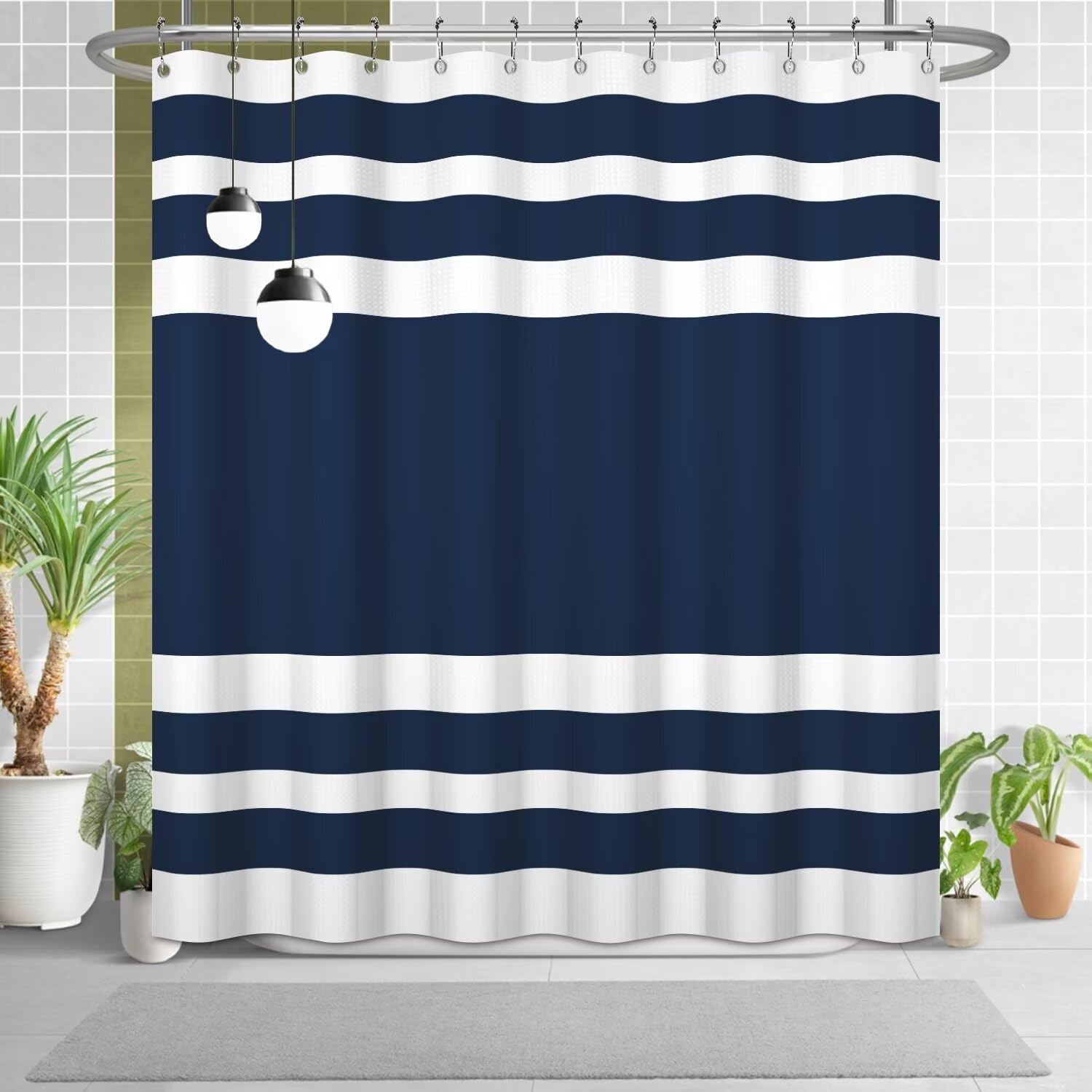 Rideau de douche en tissu gaufré à rayures bohèmes et géométriques avec crochets pour salle de bain, 183 x 183 cm, blanc, bleu marine et blanc