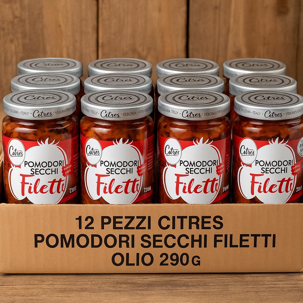 Pomodori Secchi a Filetti in Olio di Girasole, Confezione da 12 Vasetti da 290g, Prodotto Italiano con Erbe e Spezie, Ideale per Antipasti, Pasta, Insalate e Piatti Mediterranei dal Gusto Autentico