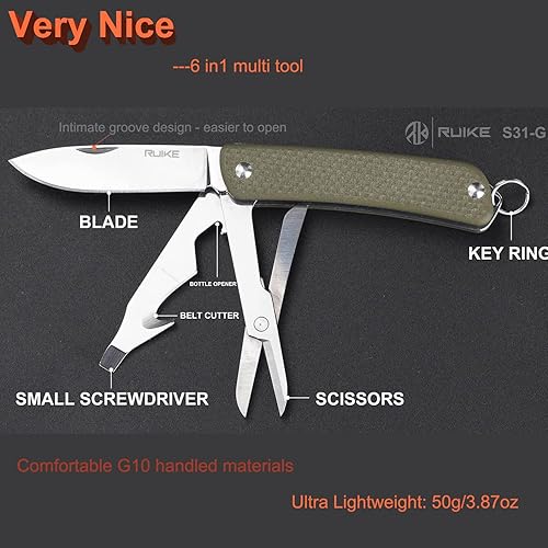 Miniatura 7 de Ruike Llavero pequeño cuchillo de bolsillo, multiherramienta plegable 6 en 1, acero inoxidable 12C27, mango G10, mini EDC táctico camping ejército