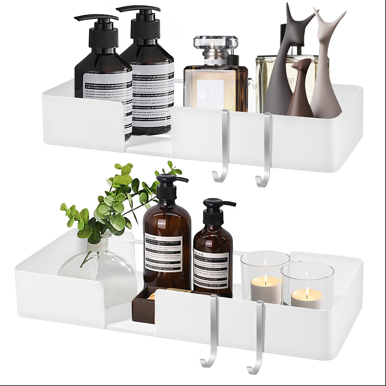 ABCOOLShower Caddy Floating Bathroom Shelves - Set of 2, No Drill Wall Mounted Adhesive Hanging Shelves with Hooks Decorative Storage Shelves for Kitchen Living Room Bedroom