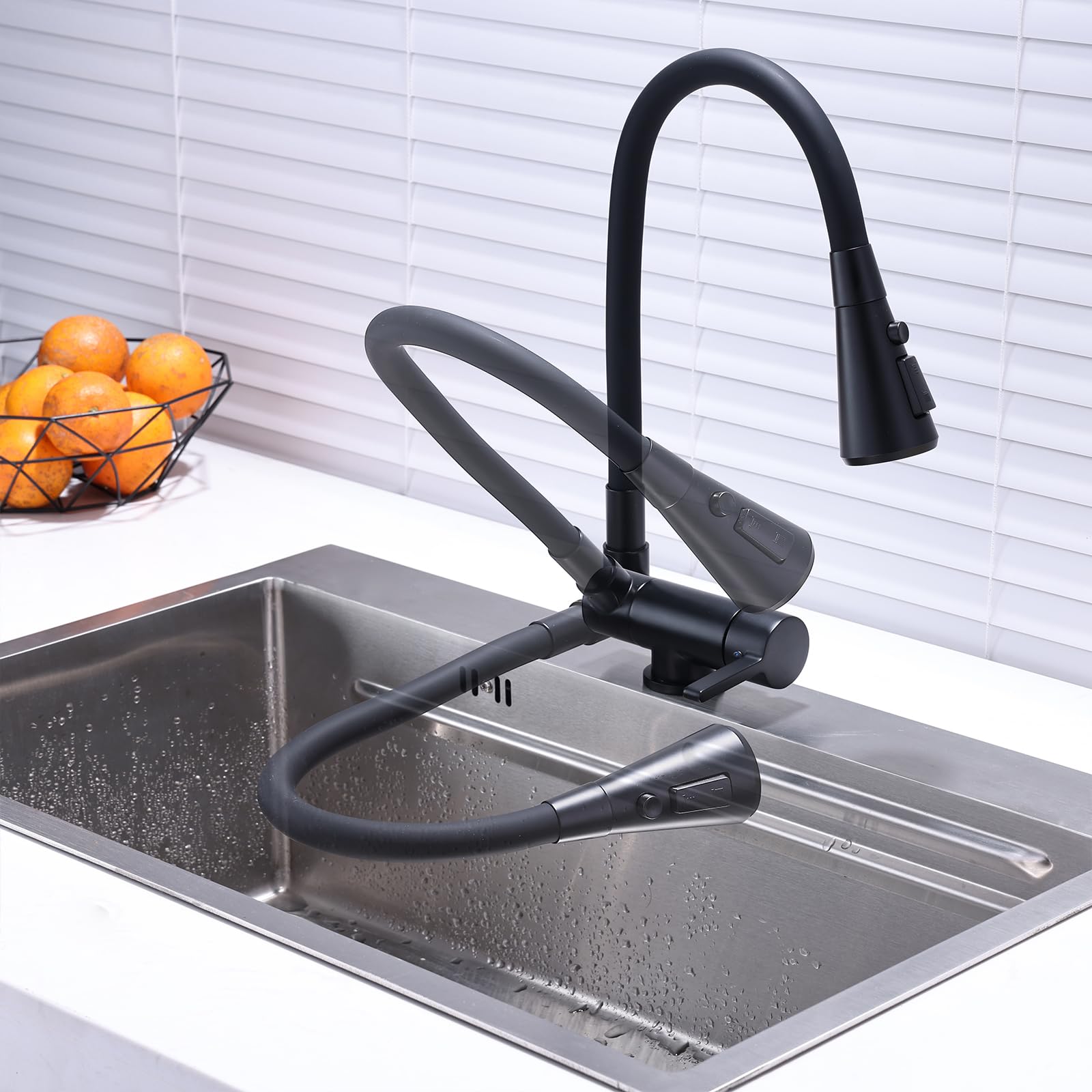 Grifo Abatible Grifo Cocina Flexible Negro Grifo Cocina Abatible Bajo Ventana Grifo Monomando Cocina, Mezclador de Fregadero con Caño Flexible Negro