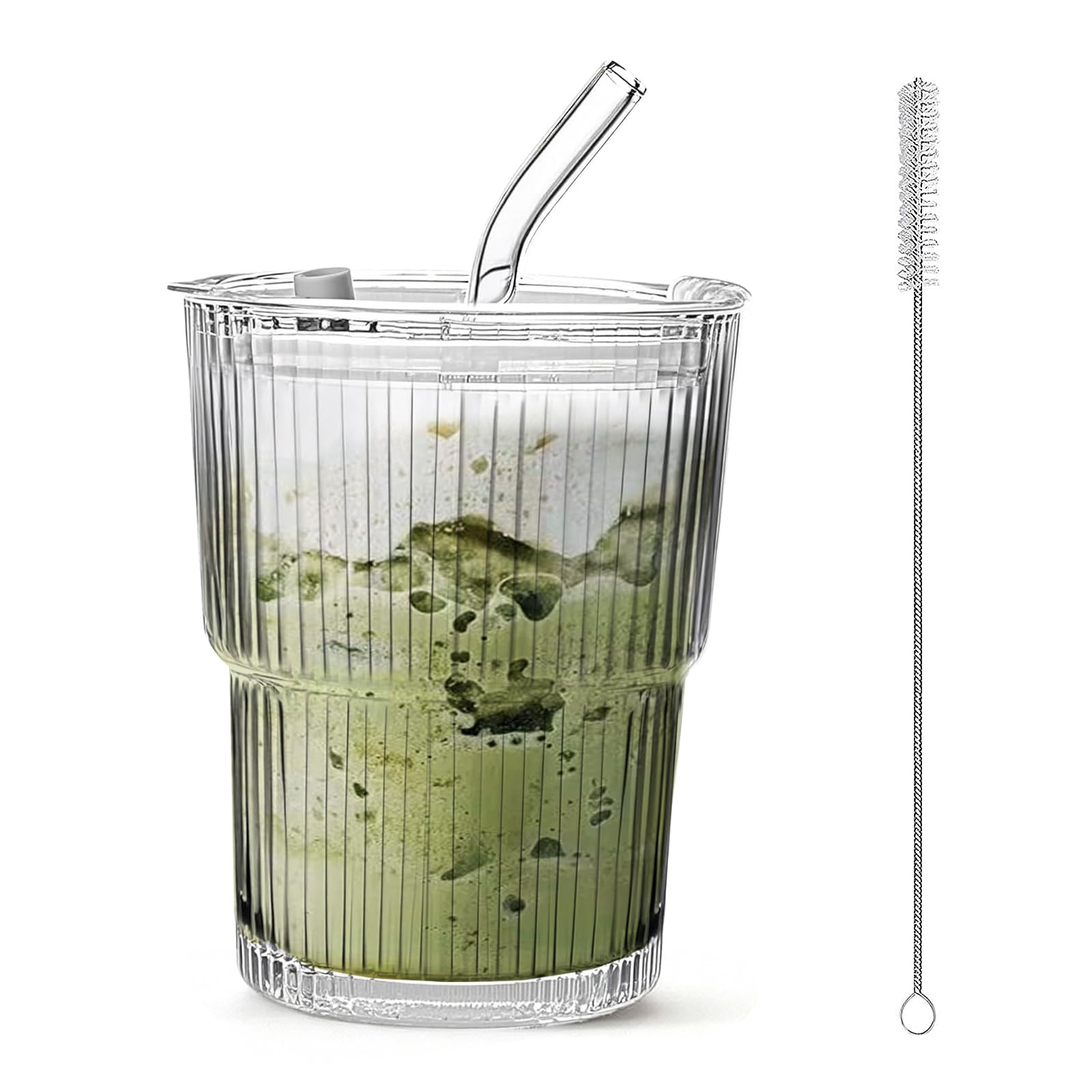 13oz Ribbed Glass Iced Coffee Tumbler with Lid & Straw - Reusable for Cold Brew, Latte & Juice