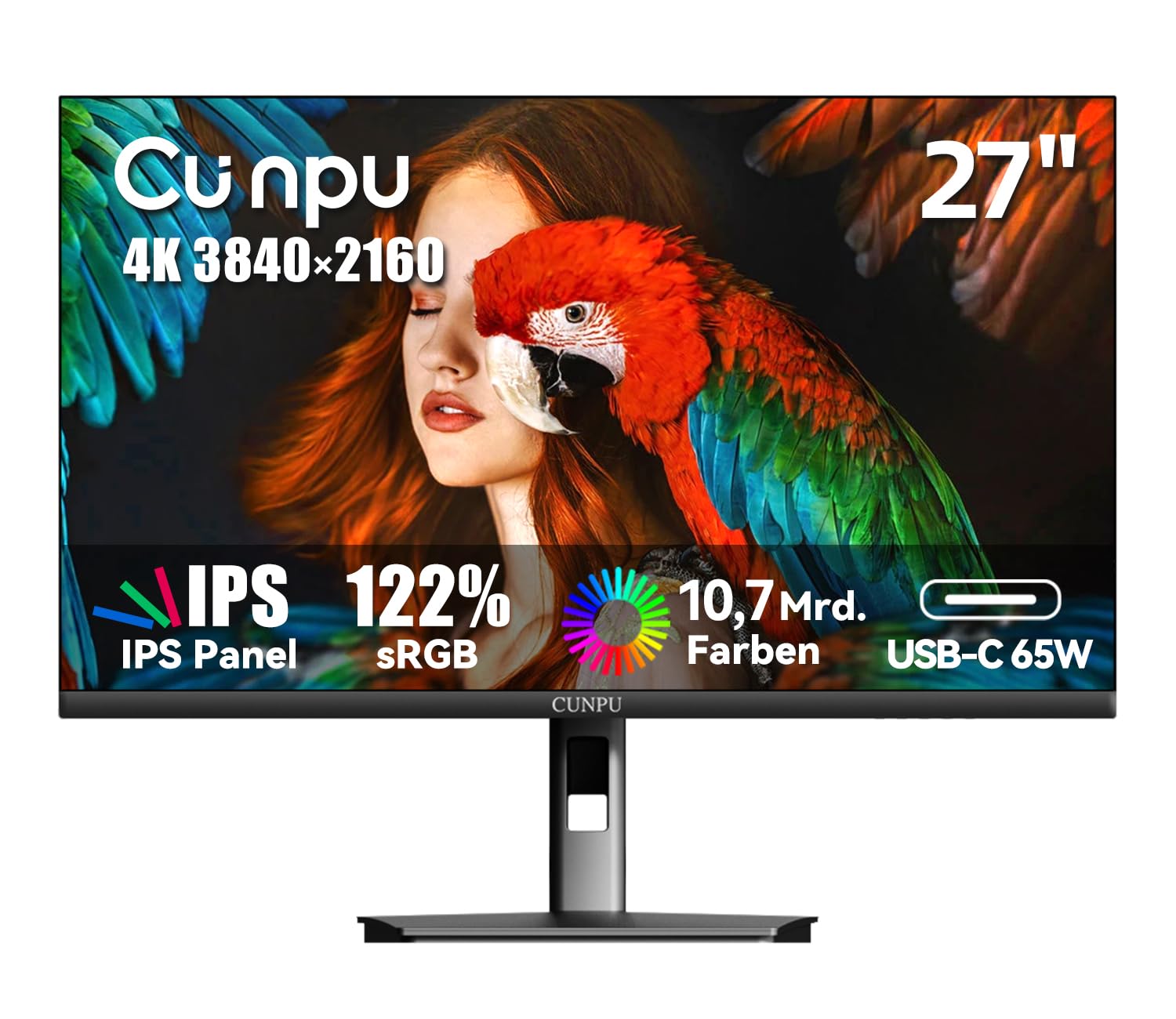 CUNPU 27 Zoll 4K Monitor USB-C 65W, Matt IPS Panel 1ms GTG, USB Hub, SRGB 122%, DCI-P3&AdobeRGB 95%, Delta E＜2, HDR, Eye Care, VESA(100X100mm), 1x DP HDMI USB-C USB-B, 2xUSB-A