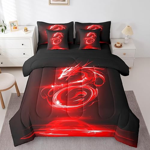 Feelyou Dragon Full Size - 7 Pieces Bed in a Bag Set Red Dragon Bed in Set for B