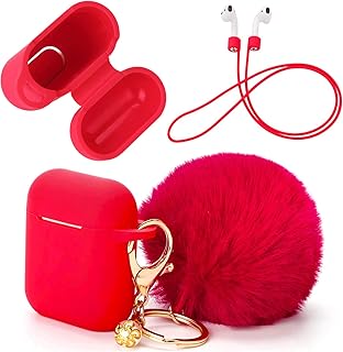 Custodia protettiva in silicone compatibile con Airpods ricarica – Include morbido portachiavi pompon e cinturino anti-smarrimento (rosso)