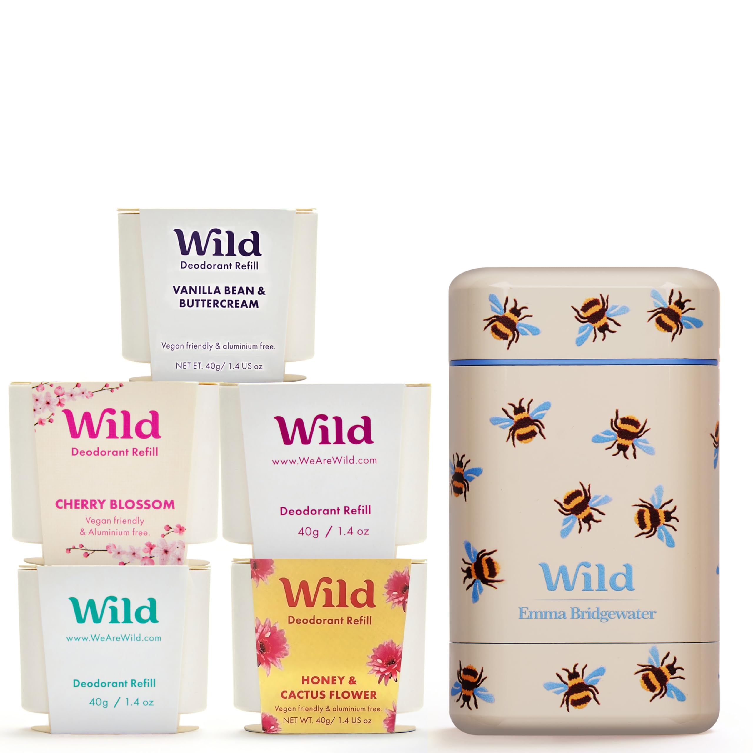 Starter pack deodorante naturale ricaricabile Wild 0% alluminio - Contenitore stampa Api e 5 ricariche da 40g con varie fragranze fresche - 24h di protezione dagli odori -Vegano e delicato sulla pelle