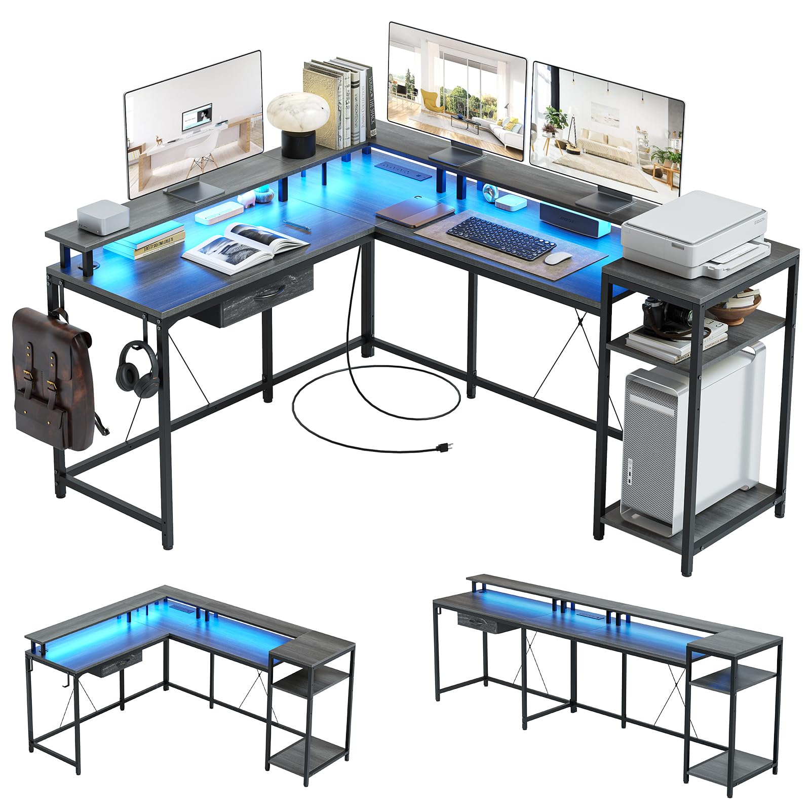 Jojoka L Shaped Gaming Desk,68" Computer Desk with Power Outlets & LED Lights, Home Office Table with File Drawer, Monitor Shelf and Hook, Two Person Table(Grey Oak)