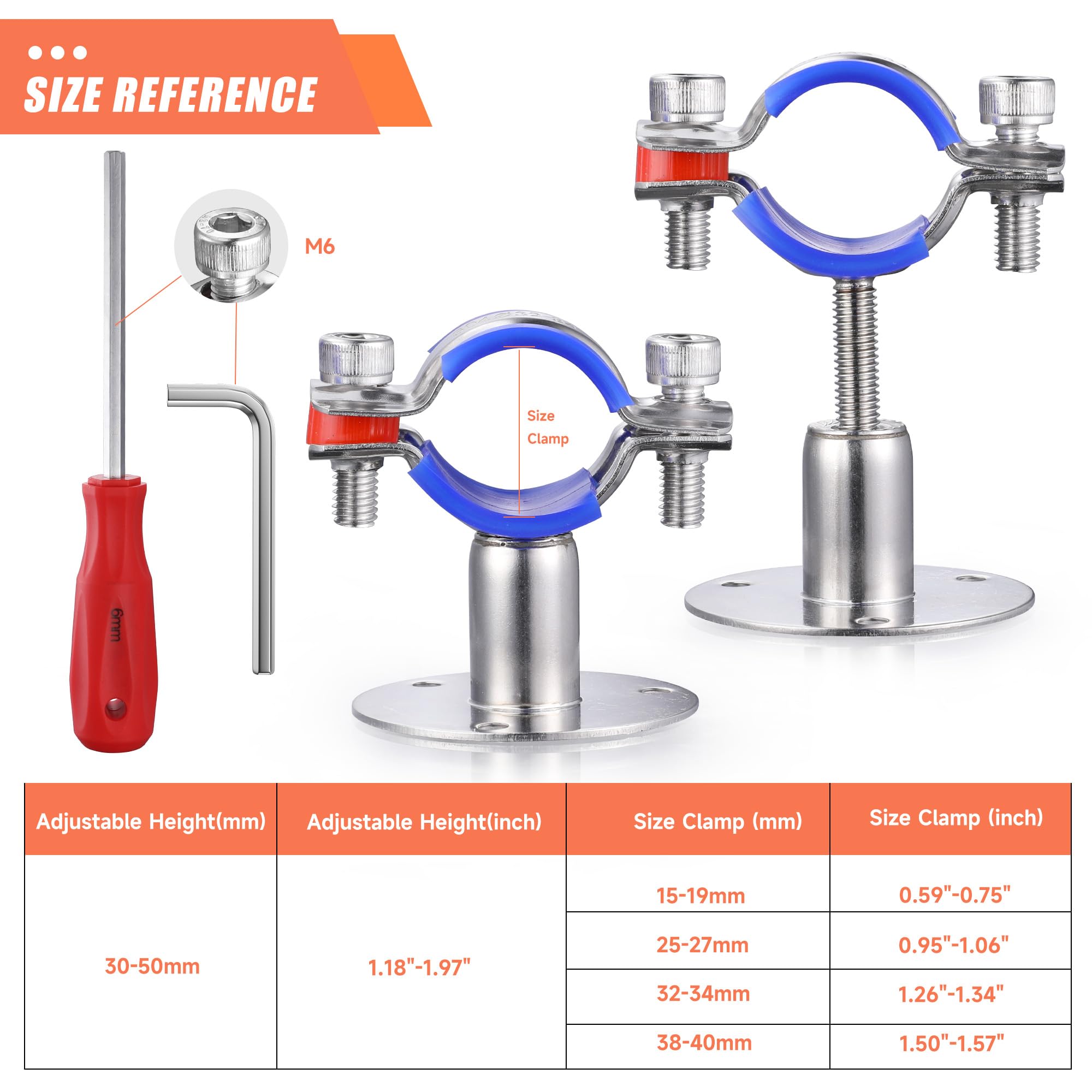 6 soportes de tubería de acero inoxidable 304 para montaje en pared, adecuados para tubos OD de 38 a 40 mm, altura ajustable de 30 a 50 mm, abrazadera de correa de tubo ajustable con