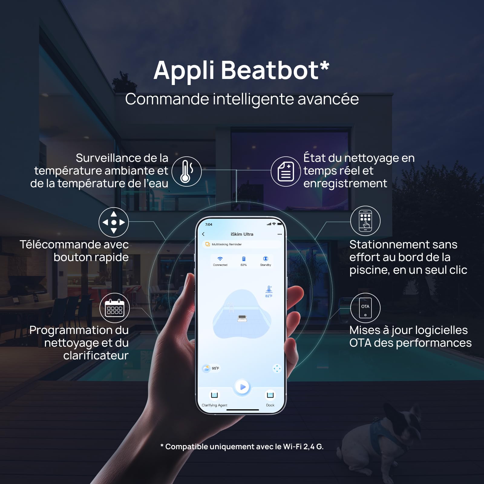 Beatbot iSkim Ultra Robot Piscine sans Fil Solaire,Double Recharge | Nettoyage Surface 24/7,Clarification Automatique de l’Eau,Contrôle App,Nettoyage Bords & Coins,Skimmer Piscine Intelligent