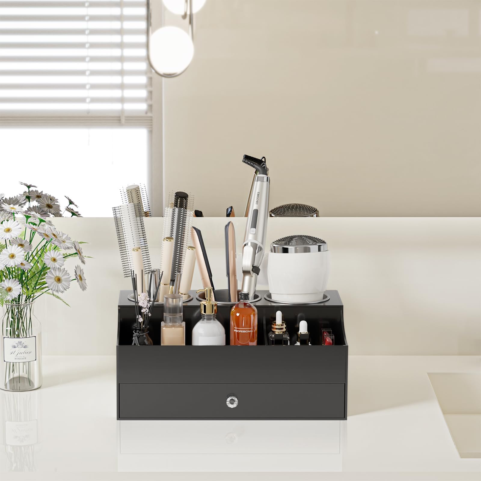 Haar-Werkzeug-Organizer, Acryl-Haartrockner-Halter für Glätteisen und Lockenwickler, Badezimmer-Schminktisch-Arbeitsplatten-Organisation für Make-up-Zubehör (schwarz)