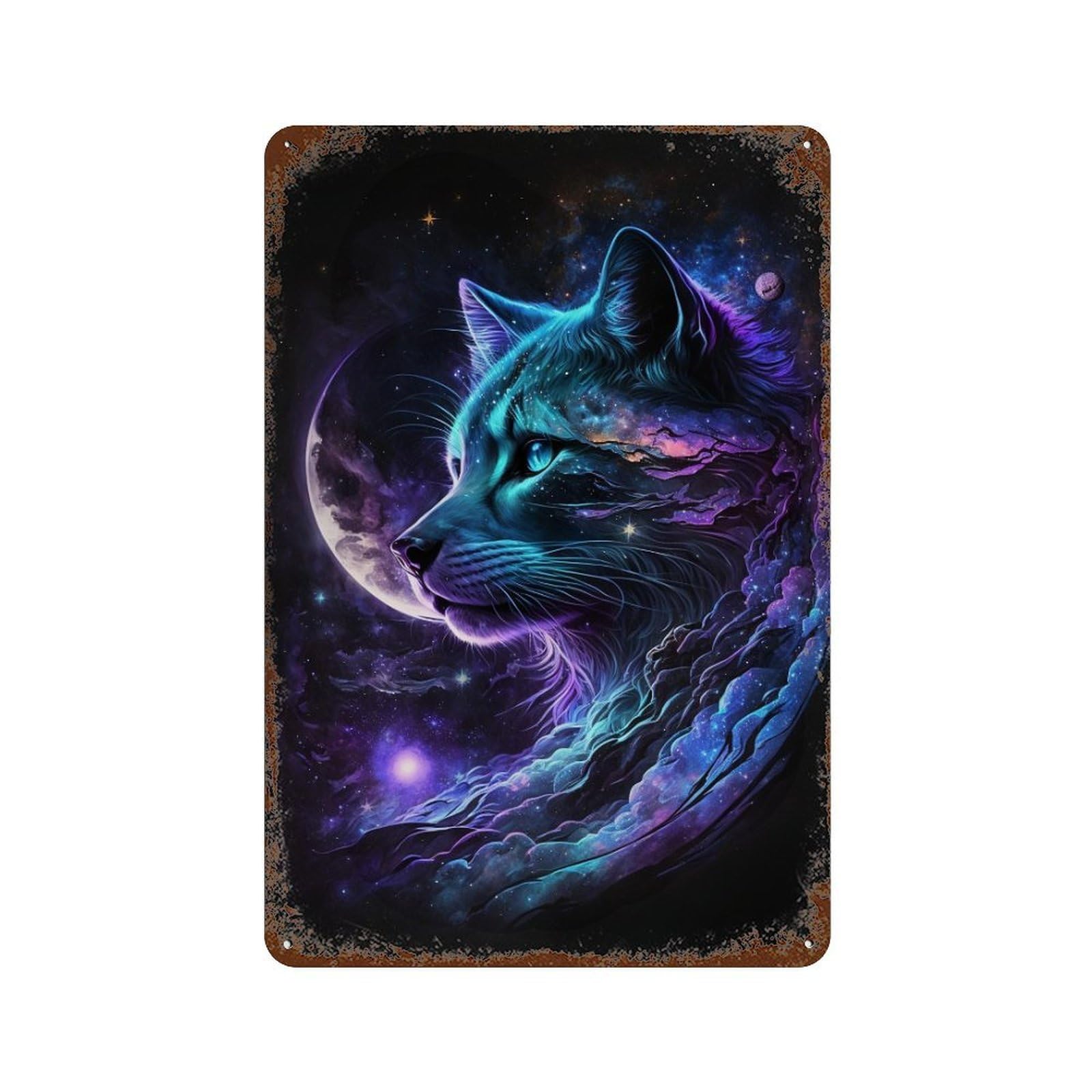 Aged Metal Wall Plaque with Cosmic Cat Art Print Design 11.8"x7.9", for Shed, Workshop And Garage Wall Decor, Decorative Metal Wall Art