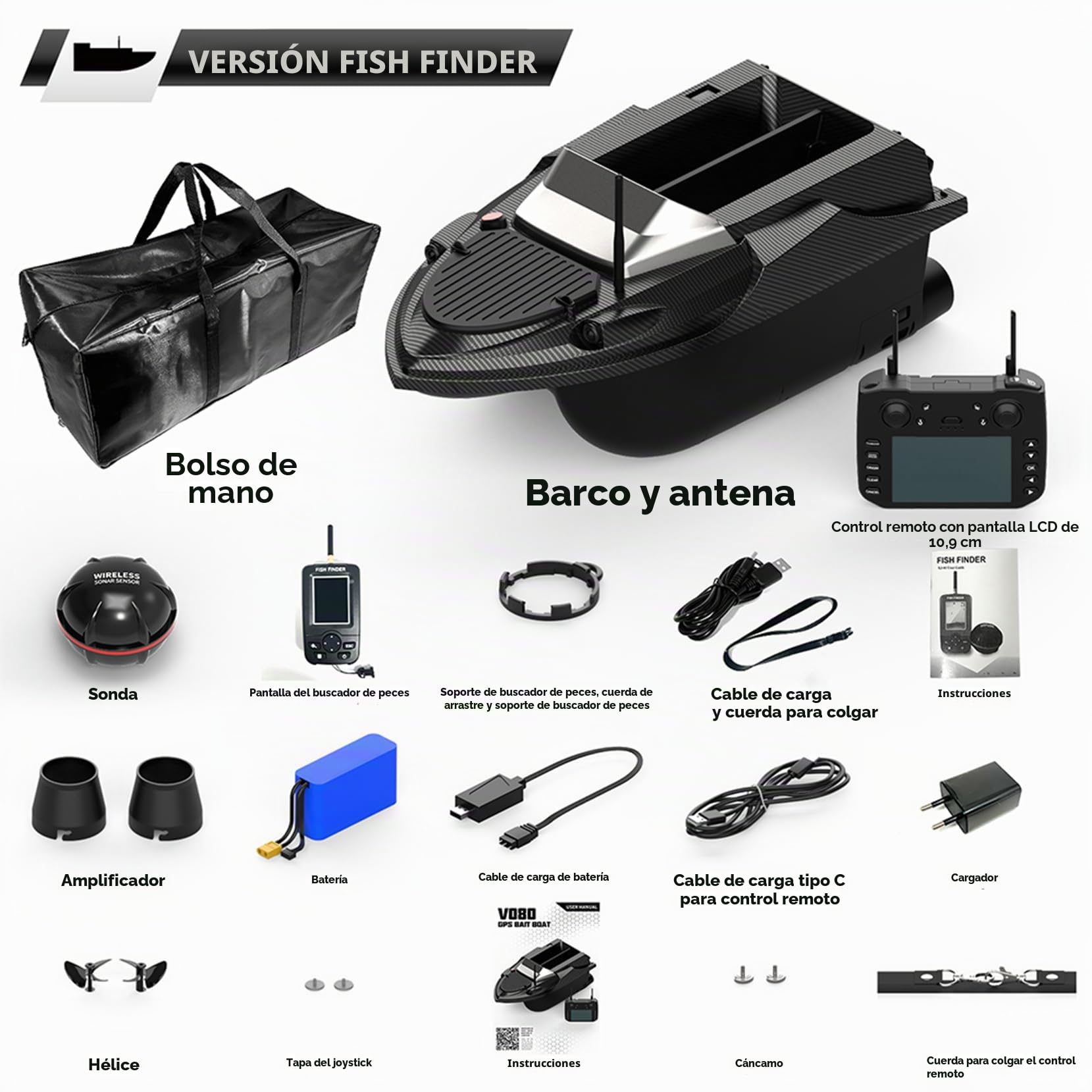 GPS Smart RC - Barco de cebo de pesca, 3 kg, crucero automático, doble motor, gran capacidad, 800 m, control remoto, distancia LED, luz nocturna, barco, 20000 mAh (edición buscador de peces)