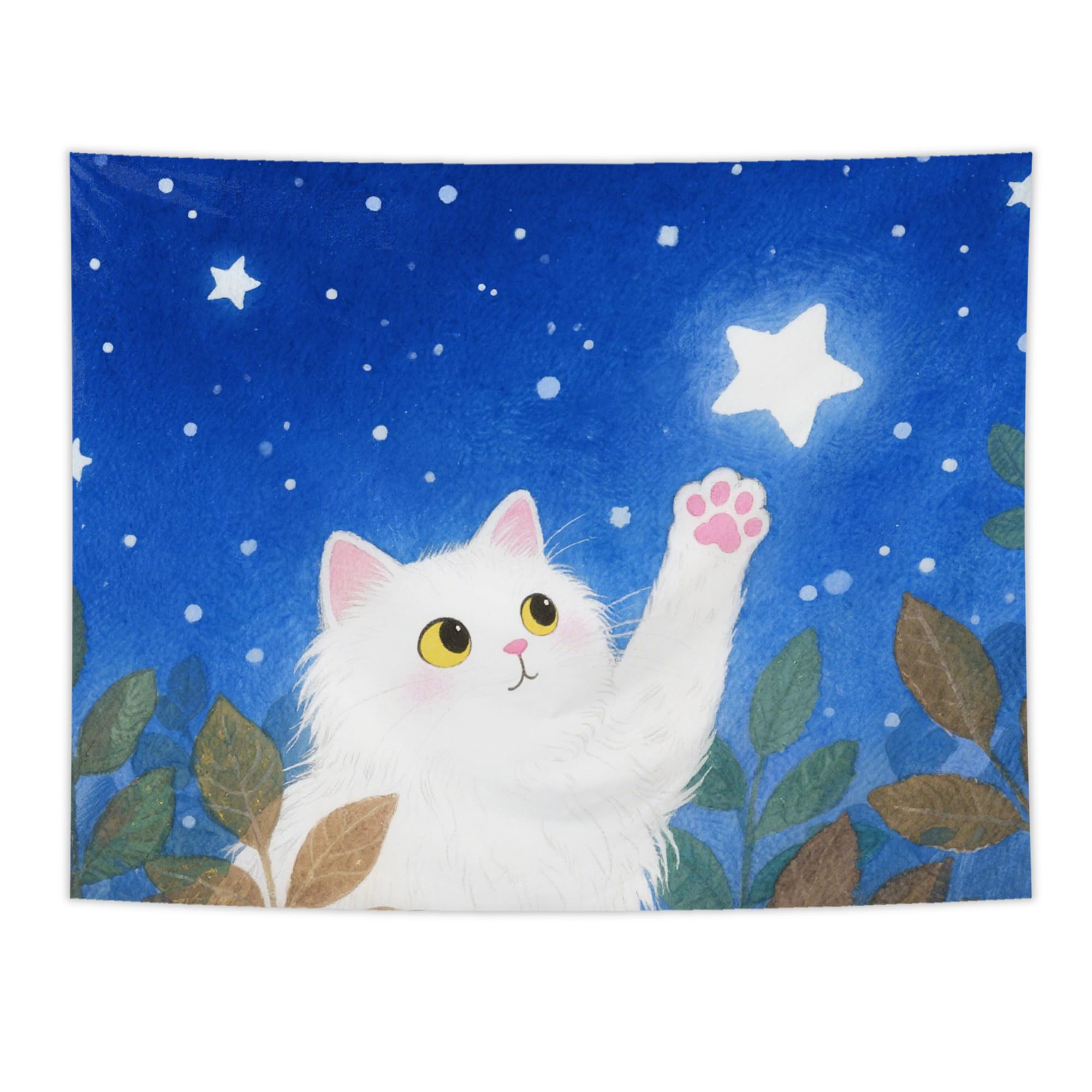 NATSUNO White Cat Tapestry, Starry Night Cat Wall Tapestry for Kids Room, Whimsical Blue Sky Cute Kitten Tapestries Wall Hanging for Kids Bedroom