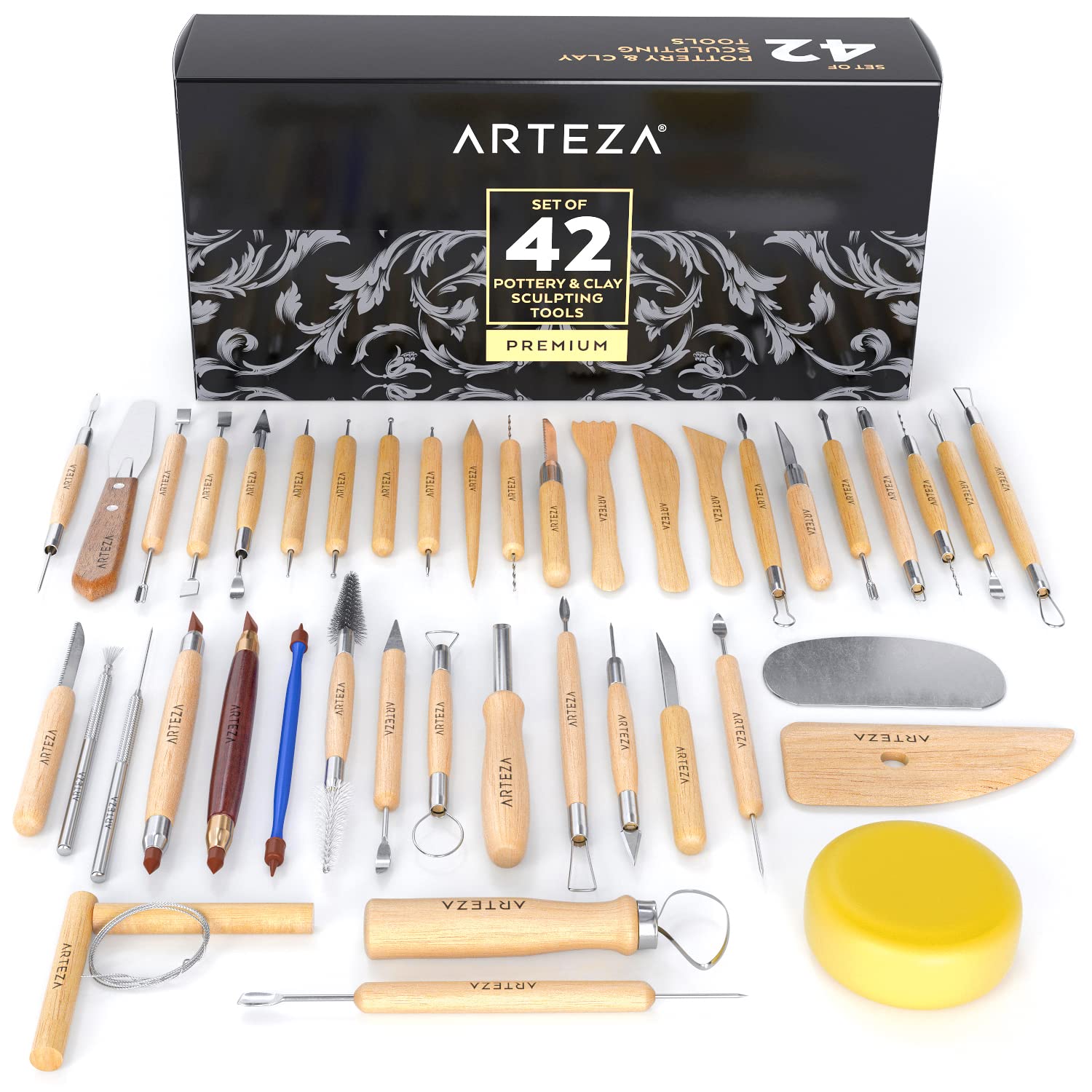 Arteza Herramientas de cerámica y arcilla polimérica, juego de esculpir de 42 piezas, herramientas de punta de acero con asas de madera, para modelado de cerámica, alisado, tallado y cerámica