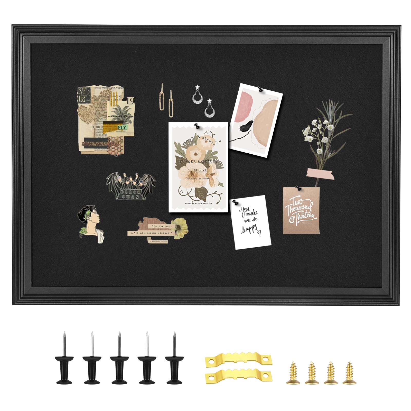 Okydoky Bulletin Board with Felt, Black Wood Framed Display Bulletin Board for Walls with Pins, Eye Bolts, gaskets, Screws, Pin Board for Office, School and Home(MZB-BK,6090,1P)