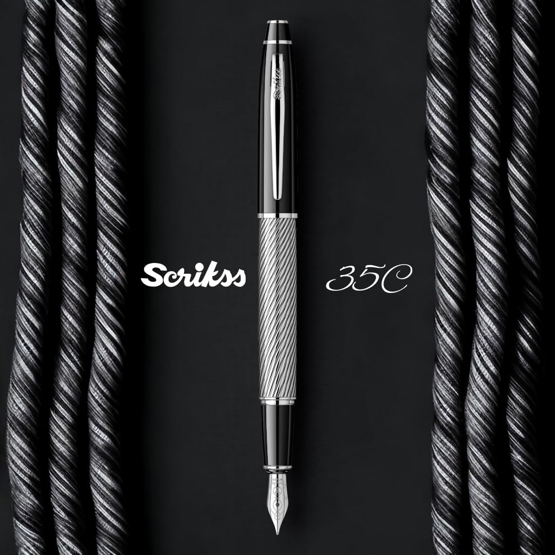 Scrikss Pluma estilográfica de punta media y convertidor de tinta negra, cuerpo de latón cromado, bordes cromados, serie 35C, moderno y elegante, ideal para regalar en la oficina y el hogar