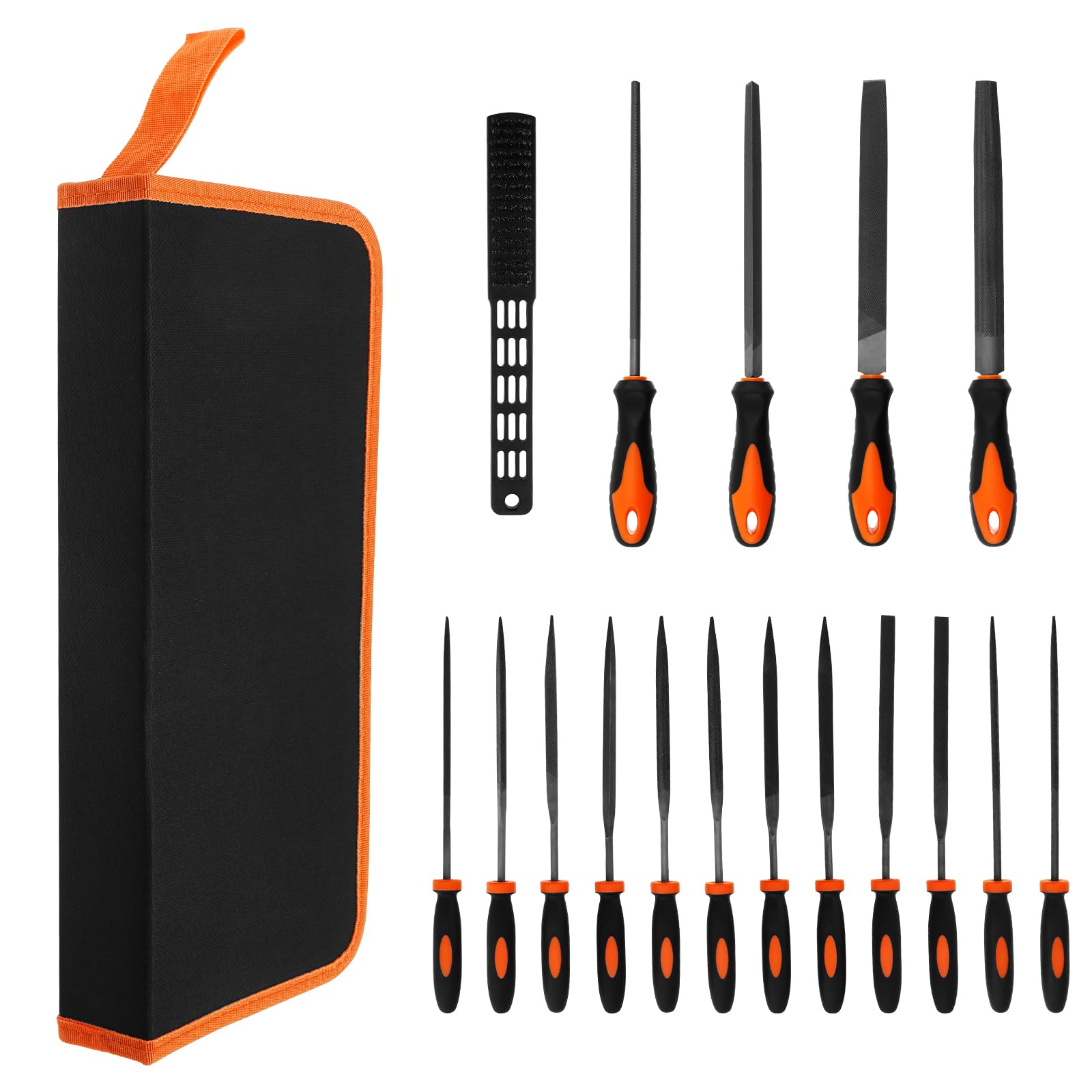 LZVXTYM 17Pcs Metal File Set, High Carbon Steel Flat/Triangle/Half-round/Round Large File and 12Pcs Needle Files with Carry Case, Woodworking Files with Rubber Handle for Sanding Engraving