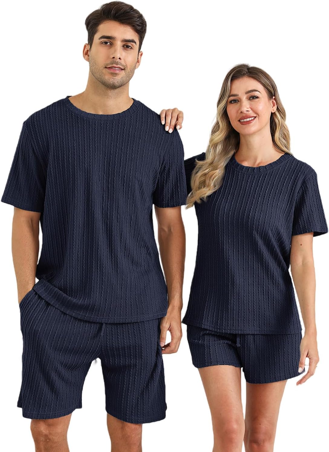 EISHOPEER Women Pajama Set Casual Short Sleeve Summer Two Piece Lounge Set Knit Homewear Navy Blue