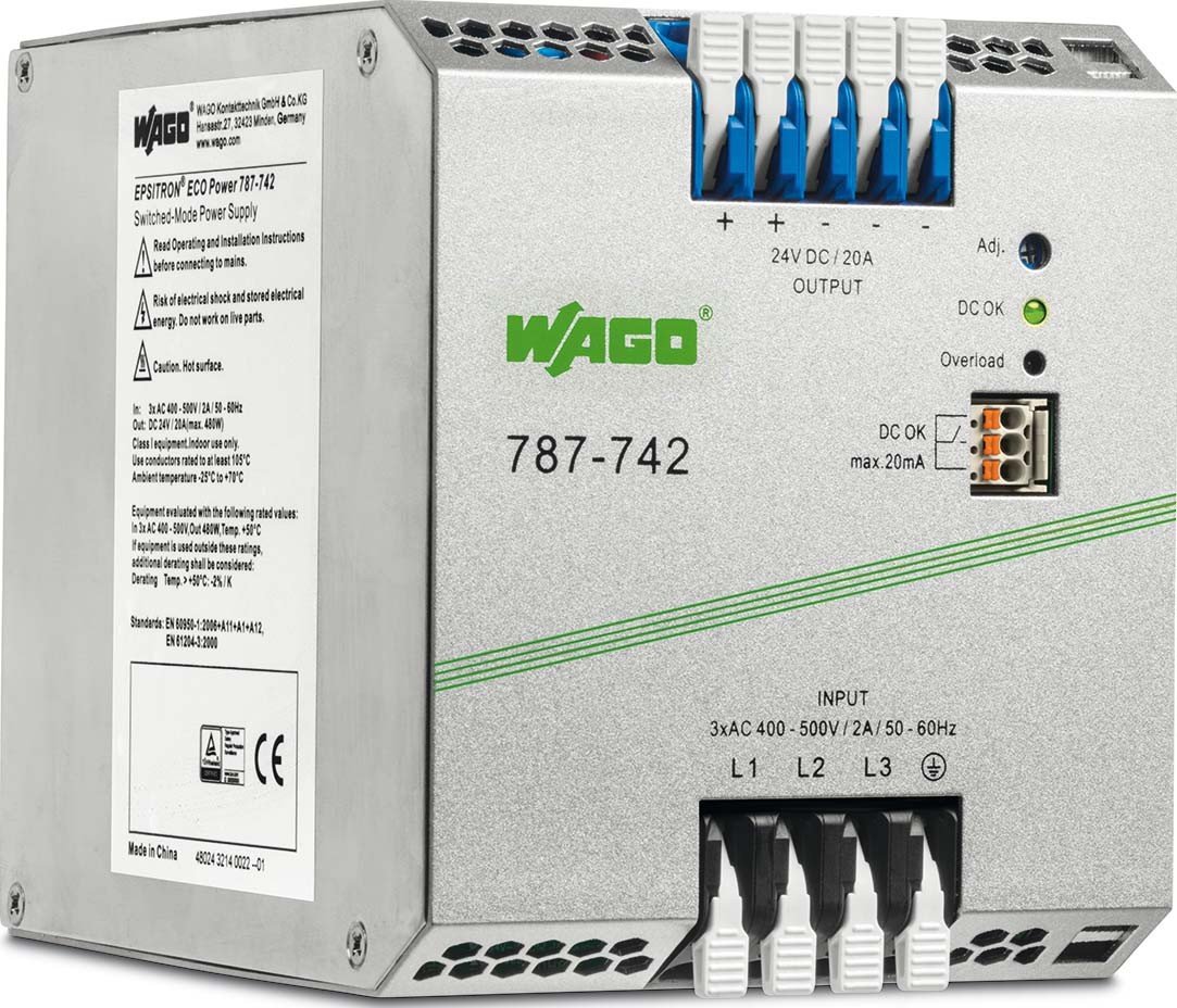 WAGO 787-742 - Alimentatore di rete per guida DIN Rail, 24 V, 20 A, 480 W, 1