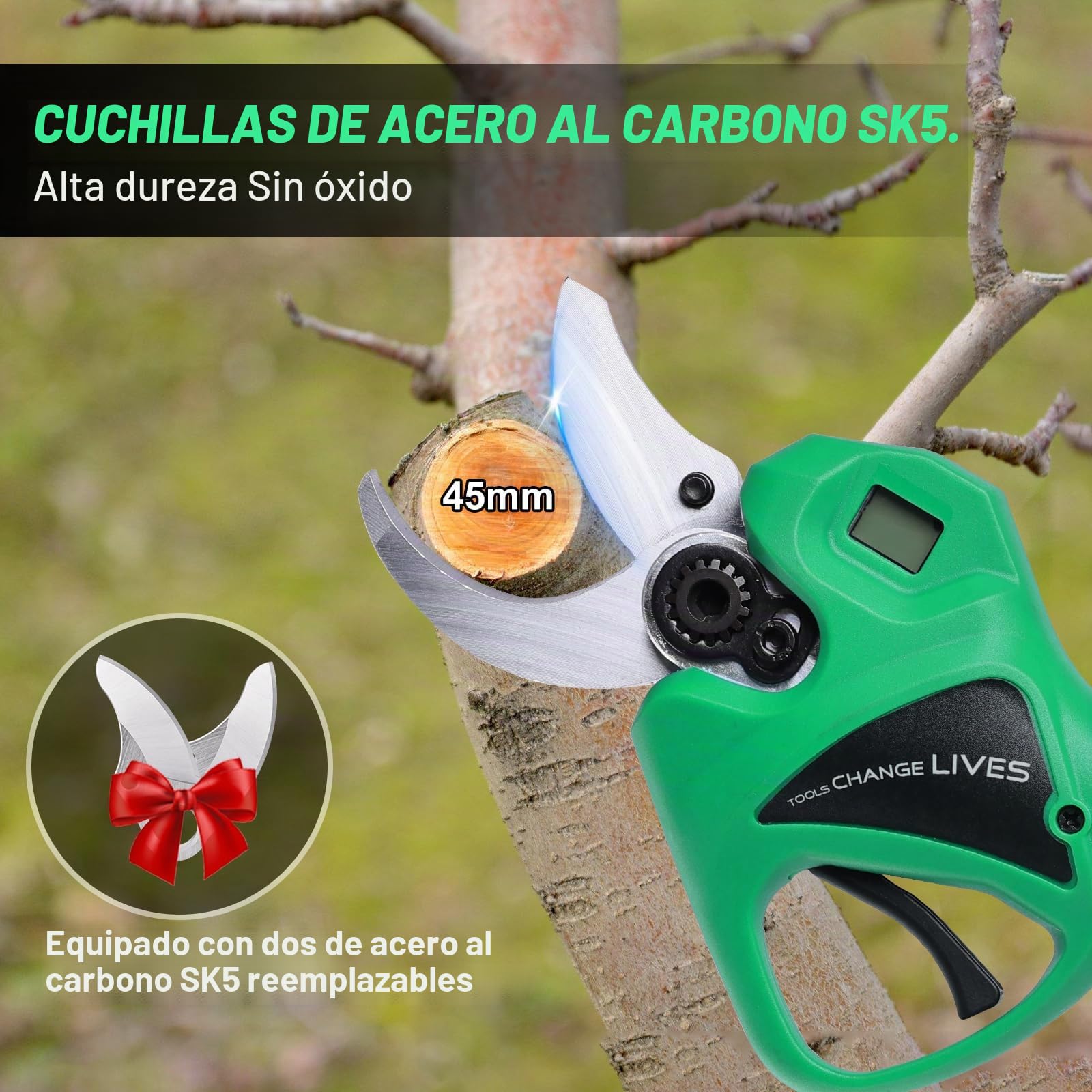 Tijeras de Podar Eléctricas: Tijeras de Podar Bateria con apertura ajustable de 45mm a 30mm, 2 baterías de 2000mAh, SK7 de Alta, Tijeras de podar bateria para Olivos Viñedos Jardines