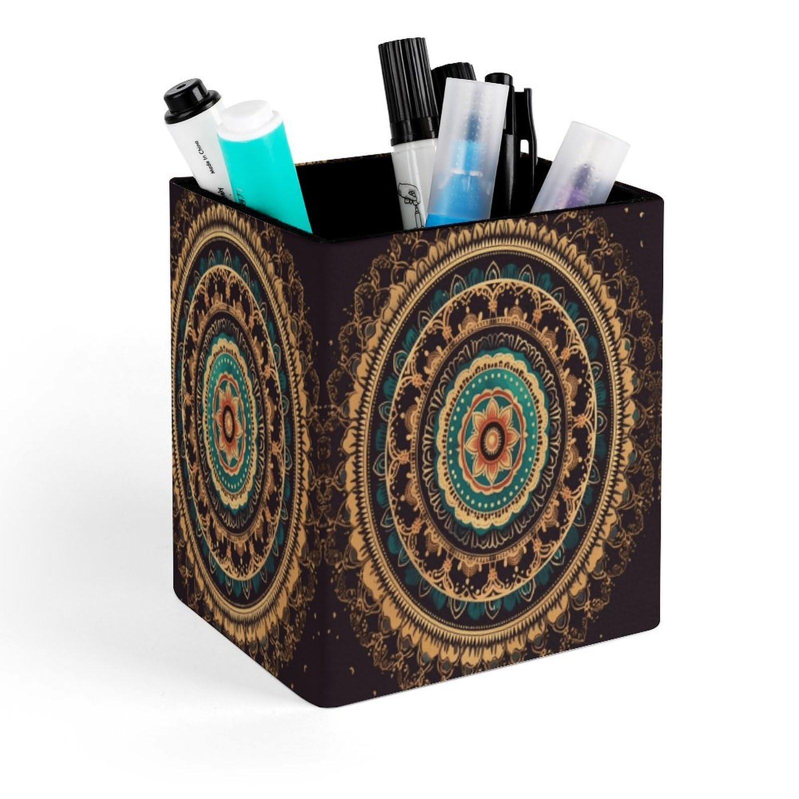 VstaDank Mandala Pen Holder Square Pencil Holder Leather Pencil Cup Pen Organizer Makeup Brush Holders Pen Cups Desktop Stationery Organizer for Home Office Desk Organizers