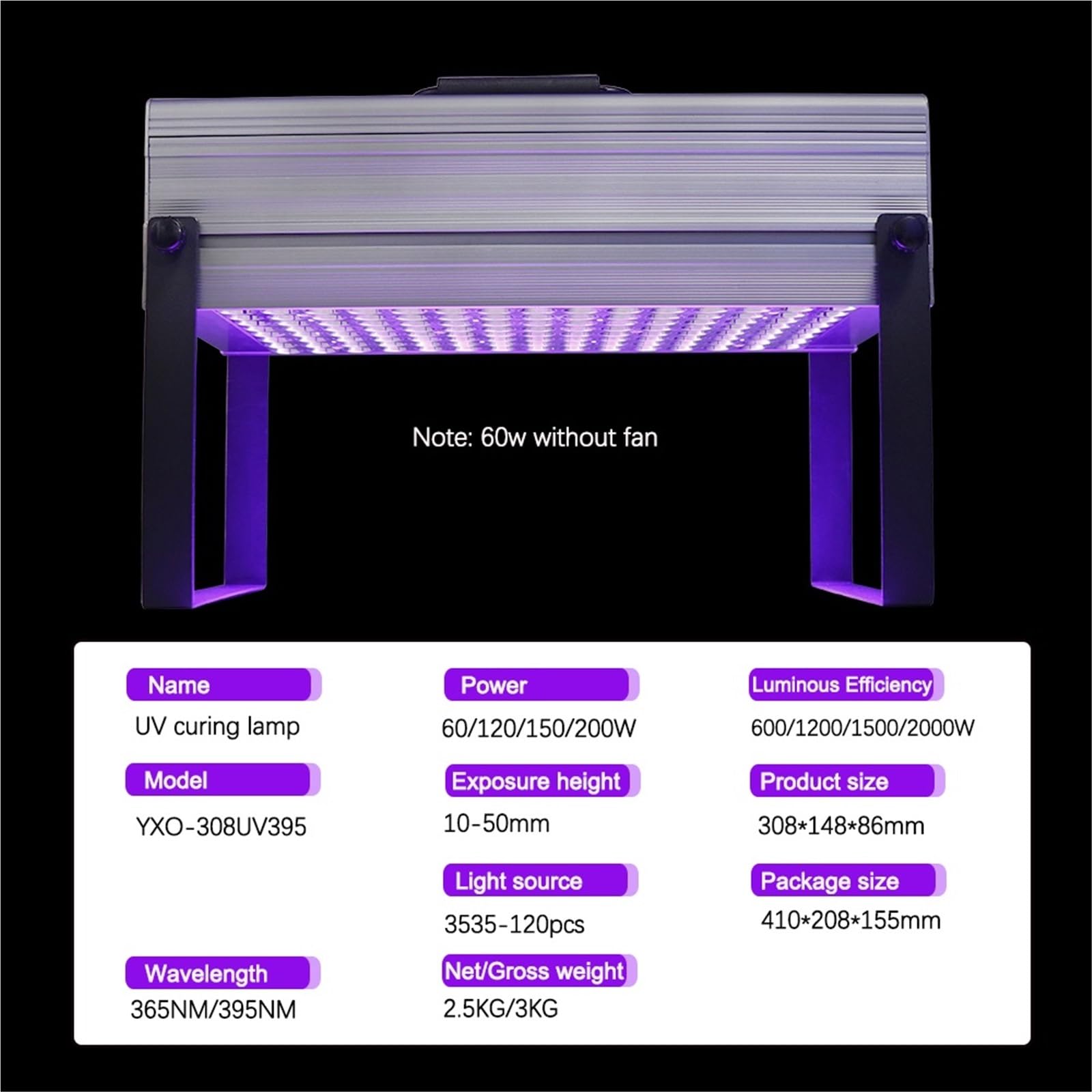 Lámpara de curado UV LED Lámpara de curado UV 600 W, 365 NM, 395, Pegamento, Resina, Aceite Verde, Soldadura, Placa Circuito, Recubrimiento, Pantalla LCD, Barniz Pintura(395nm)
