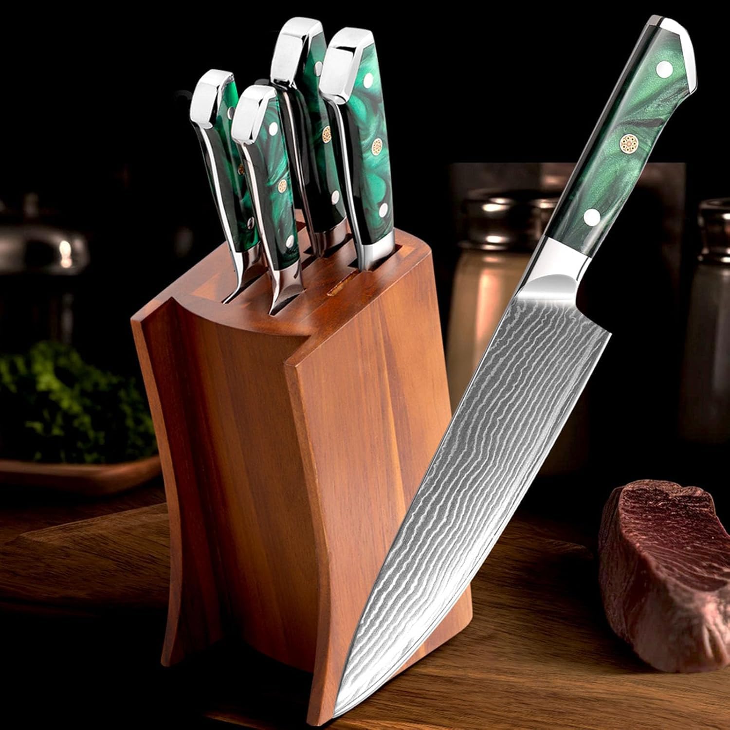 Knife Set with Block ZILNEHZ 6 Pcs Premium Damascus Steel Kitchen Knives Set Quality Super Sharp Chef Knife