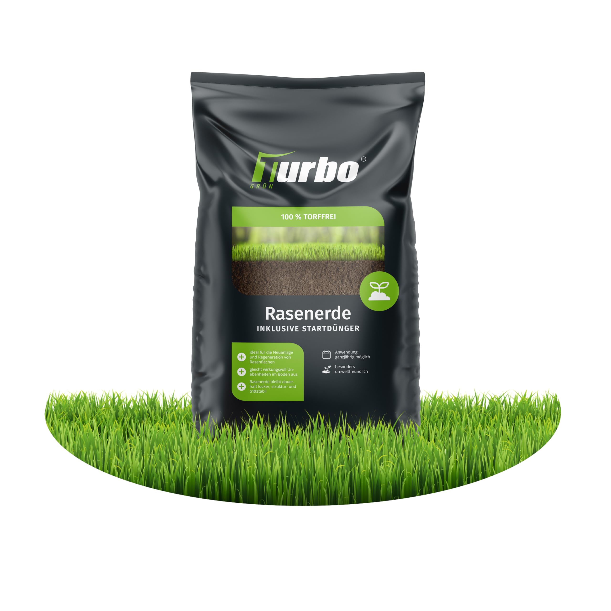 Turbogrün Rasenerde 30L, 100% torffrei, mit Startdünger und Rasensand, ideal für Nachsaat und Neuanlage, Pflanzerde, Rasensubstrat, Erde für Rasen mit Sand