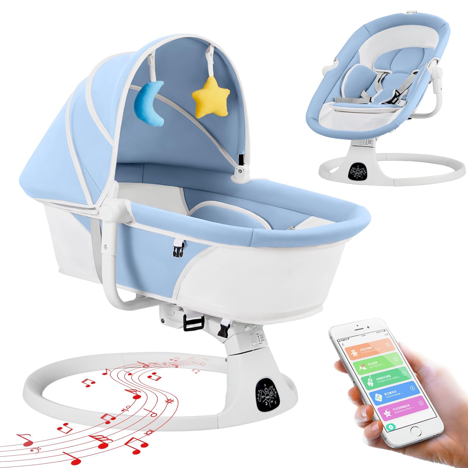 Mecedora Eléctrica para Bebé, Columpio para Bebe, Con Mando a Distancia & Pantalla Táctil, 5 Velocidades de Balanceo,Detección Inteligente, 10 Canciones de Cuna, Función Bluetooth (Azul)
