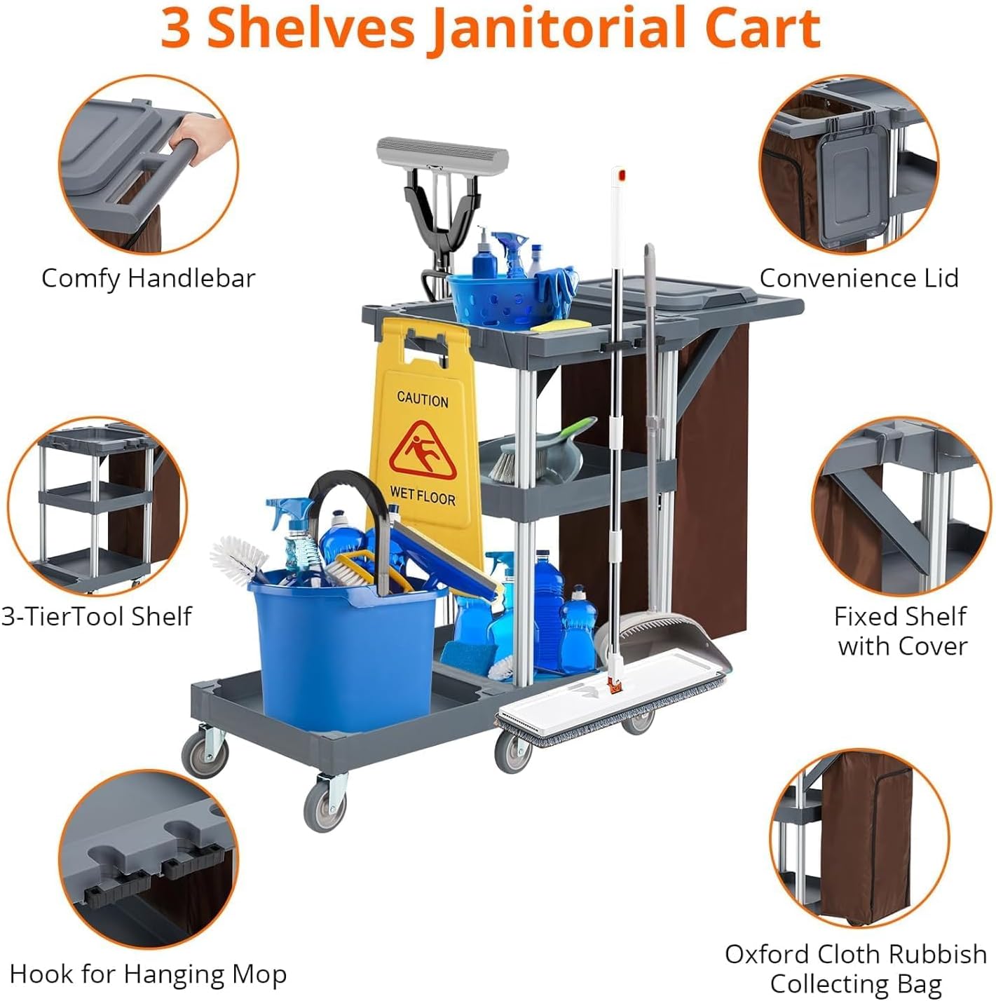 3 - Shelf Heavy - Duty Commercial Janitorial Cart with Wheels - 16 - Gallon Trash Bag Included, 220 Lbs Capacity, Perfect for Hotels, Schools, Apartments and More