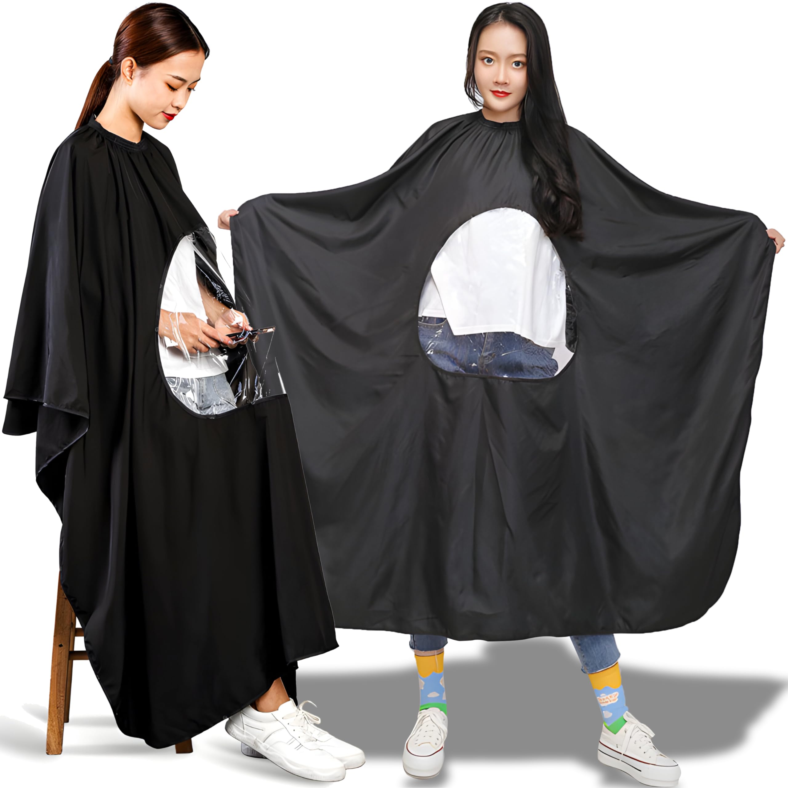 Retoo Capa de peluquería profesional con cierre de cordón para mujer, hombre y niños, resistente a salpicaduras y tamaño universal, para peluquería, 140 x 110 cm, Negro , 115 x 140 cm