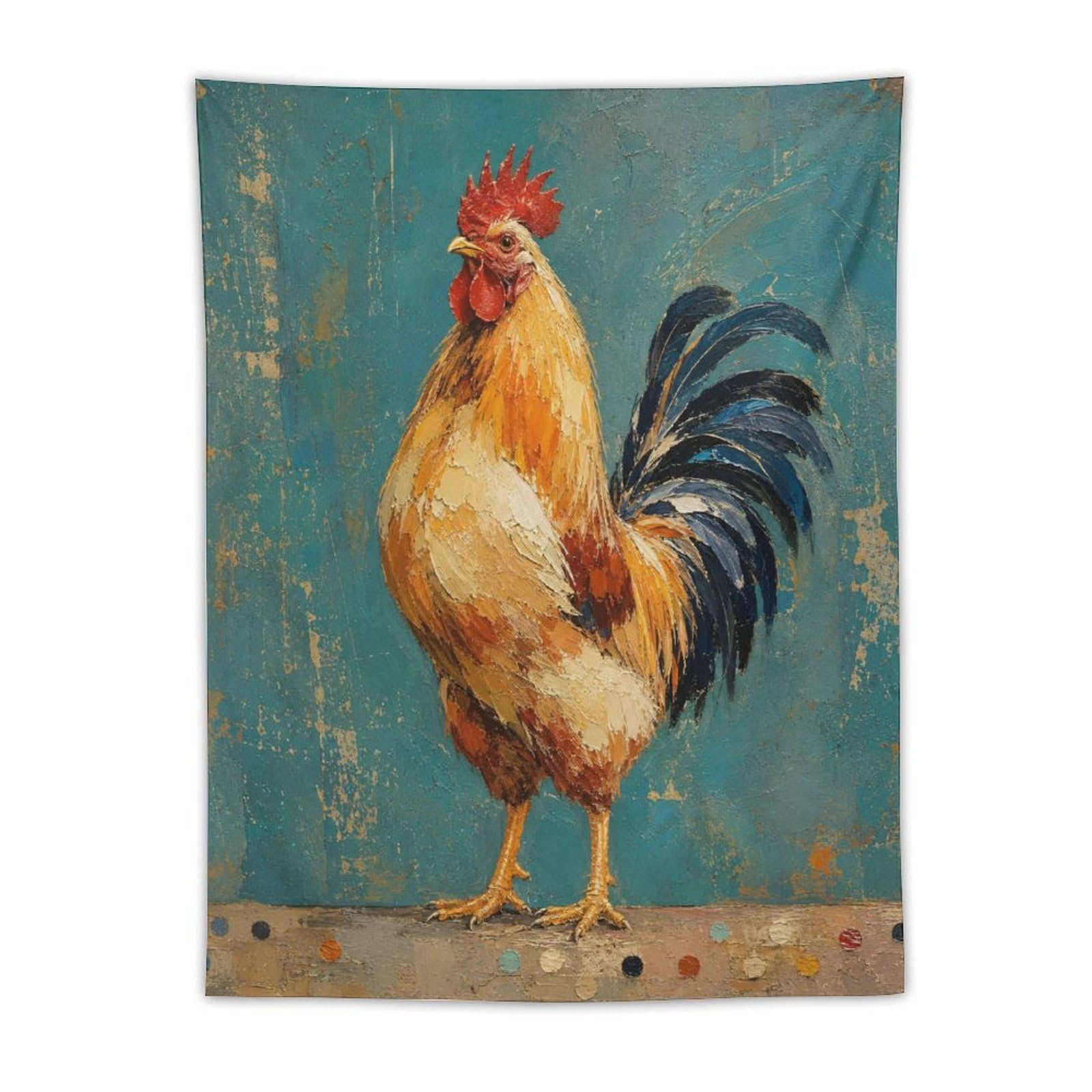 H3B8U2Y5 Rooster Blue Background Wall Tapestry, Detailed Illustration