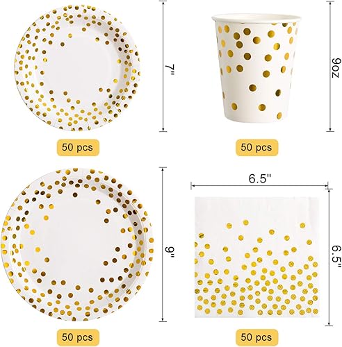 Miniatura 3 de 350 platos dorados y servilletas para fiestas sirve 50 platos de papel desechables servilletas vasos cubiertos para decoraciones doradas de fiesta